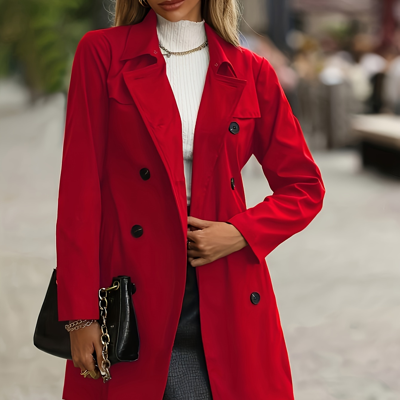 

Manteau de trench double- rouge pour femme avec ceinture, veste longue en polyester uni de couleur solide avec détails de boutons, vêtement extérieur tissé