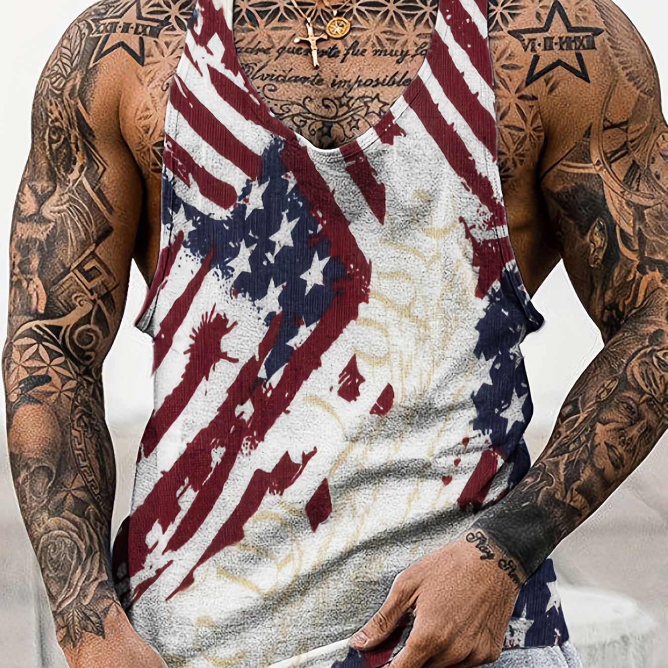 American Flag Men's Vintage Tank Top For Summer Outdoor Indoor, Casual Slight Stretch Crew Neck Graphic Sleeveless Top