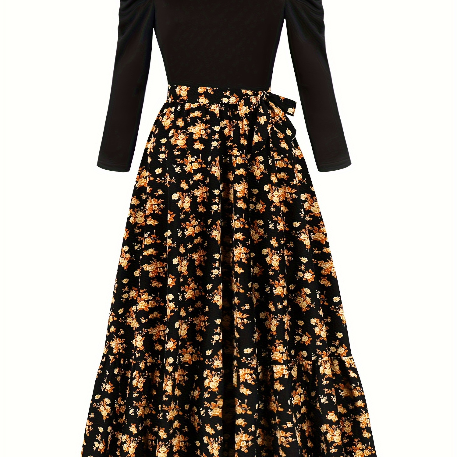 

Party | Elegant Floral Print Long Dress For Women - Black And Golden, Round Neck With Belt Detail, Machine Washable, Polyester Fabric, Formal Party Dress | Sophisticated Style | , Dress