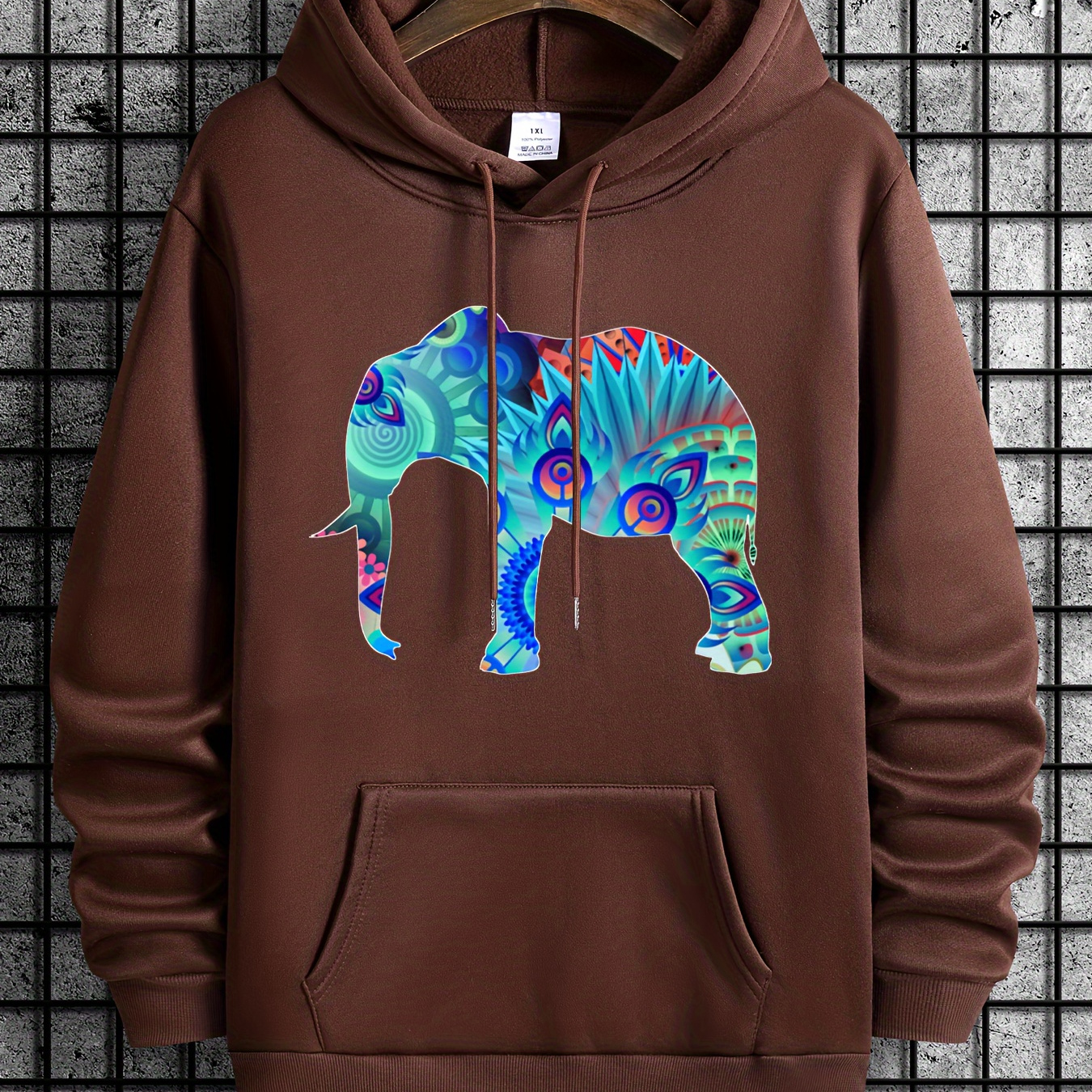 

Elephant Print Sweatshirt, Men's Long Sleeve Hoodies Street Casual Sports And Fashionable With Kangaroo Pocket, For Outdoor Sports, For Autumn Winter, Can Be Paired With Hip-hop Necklace