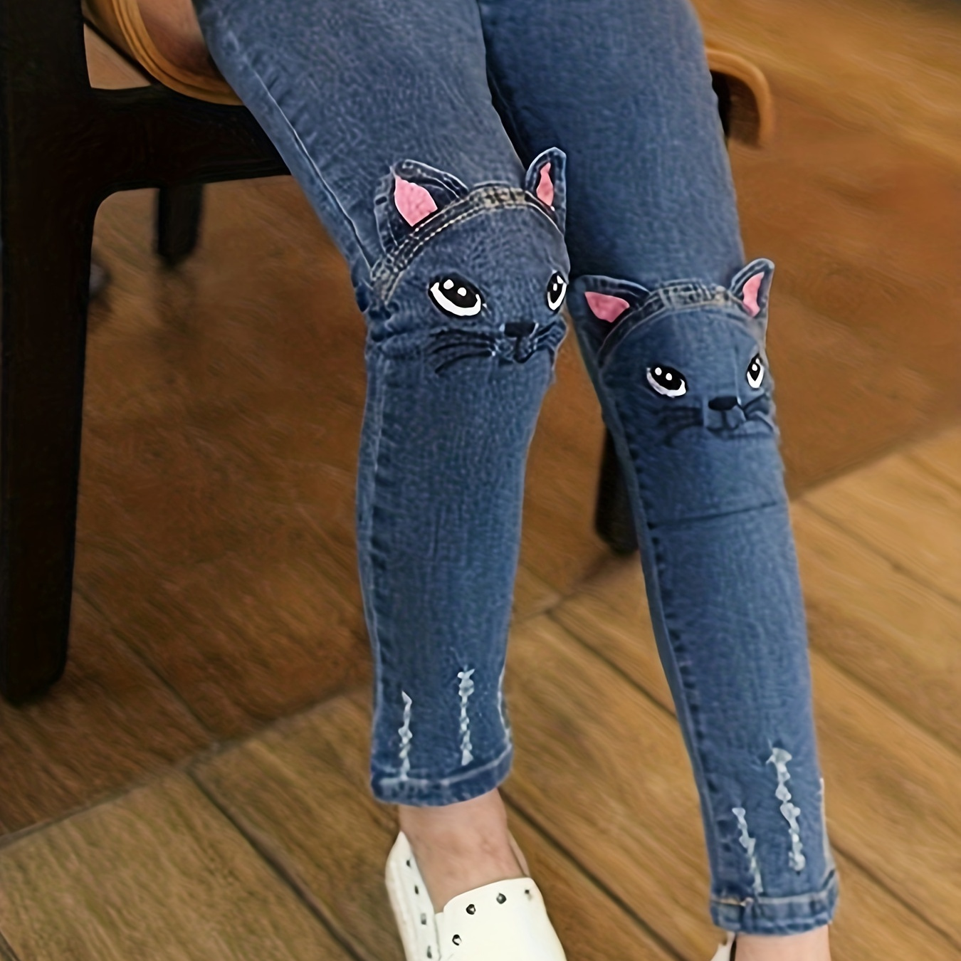 

Girls Bunny Design Skinny Jeans, Stylish & Slim Fit Denim Pants For Outwear, Kids Bottoms