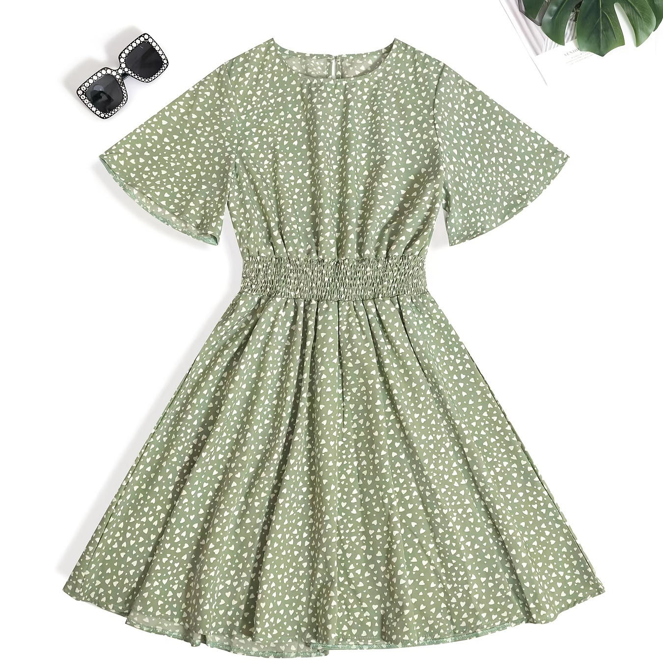 

Shirred Waist Flutter Sleeve Dress, Casual Crew Neck Dress For Spring & Summer, Women's Clothing