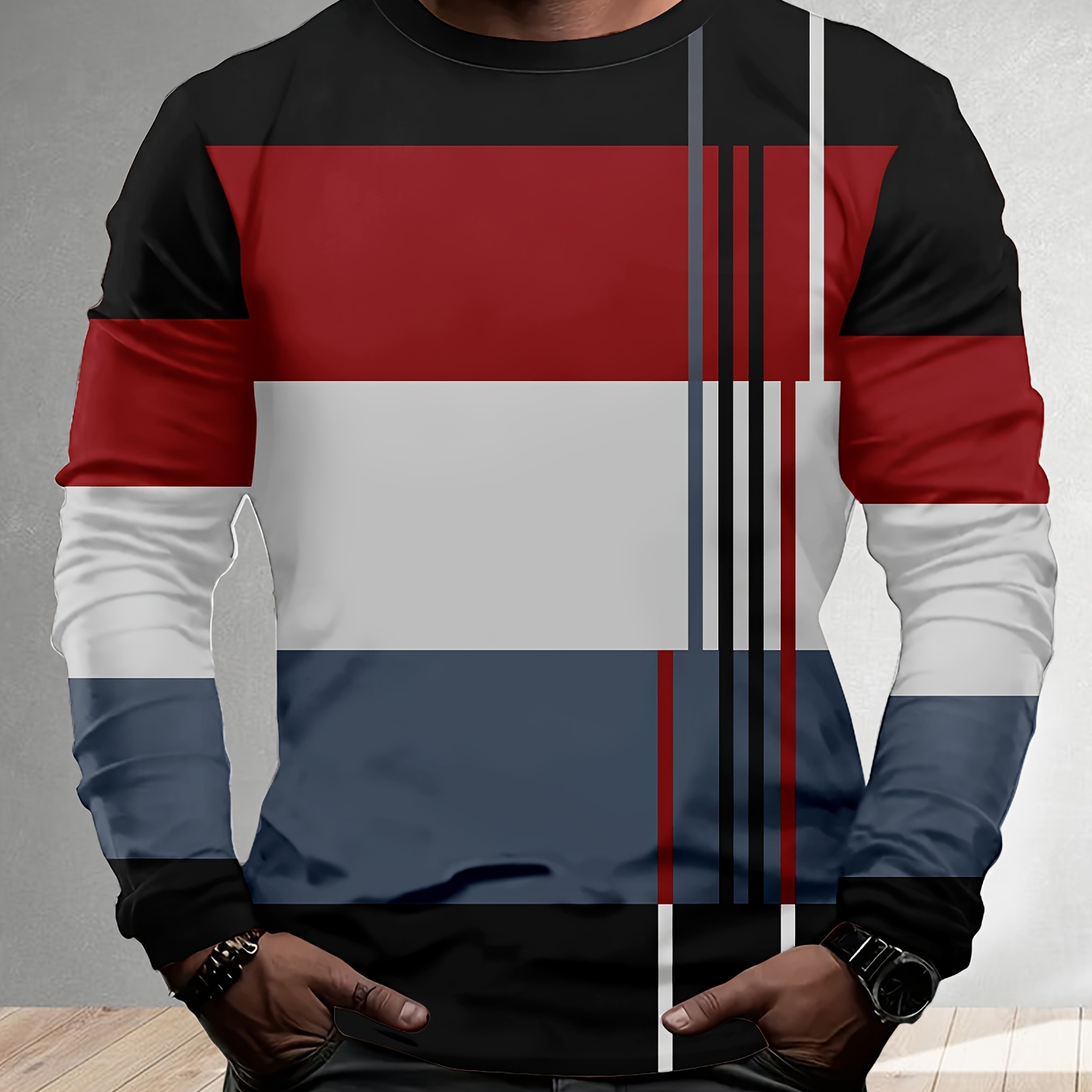 

Men's Casual Crew Neck Long Sleeve T-shirt, 3d Print Stripes, Polyester 100%, Slight Stretch, Regular Fit, Knit Fabric, 140g/m², For Daily & Vacation Wear, Spring/fall Season