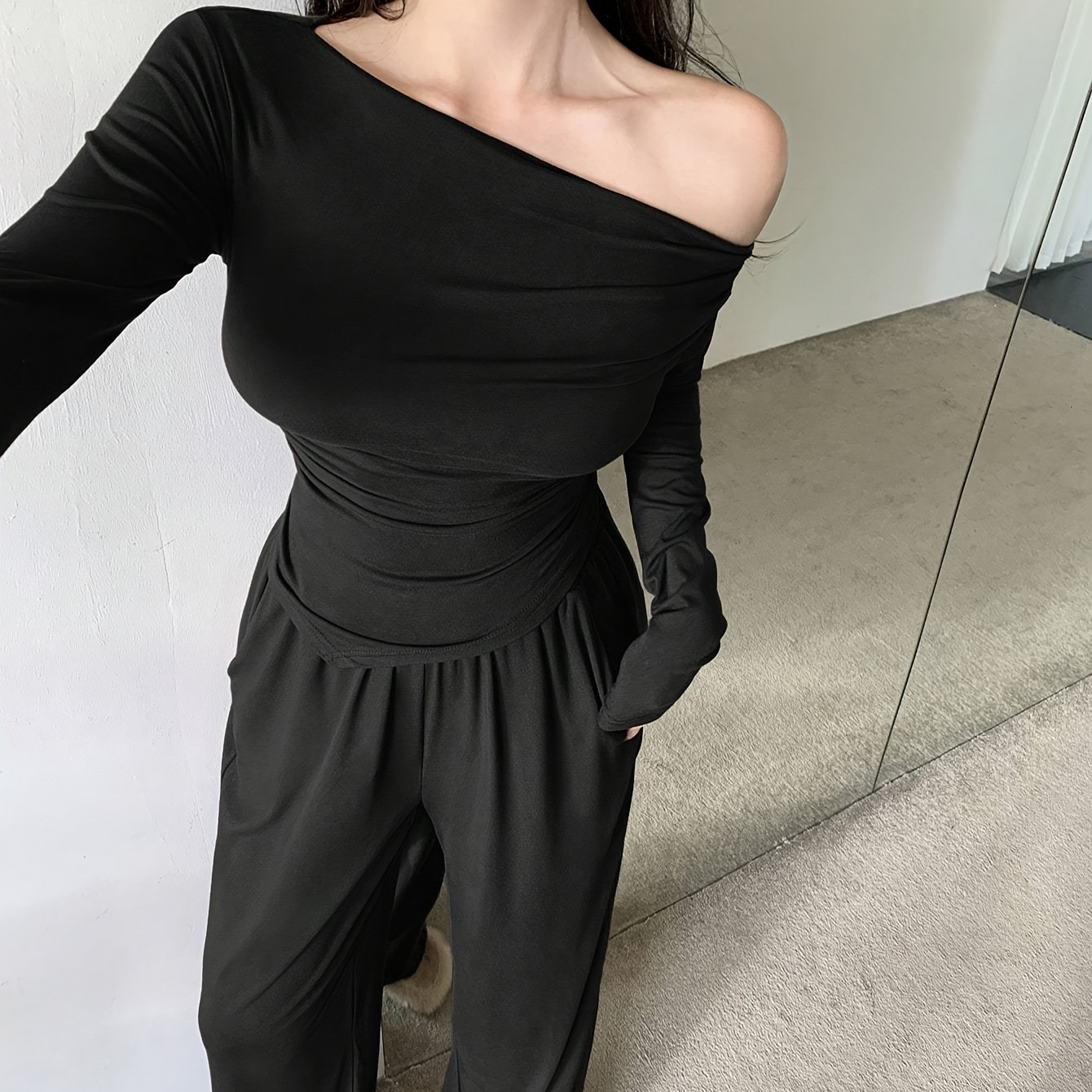 

Solid Matching Two-piece Pants Set, Elegant Long Sleeve Asymmetrical Neck Hanky Hem T-shirt & Loose Pants Outfits, Women's Clothing