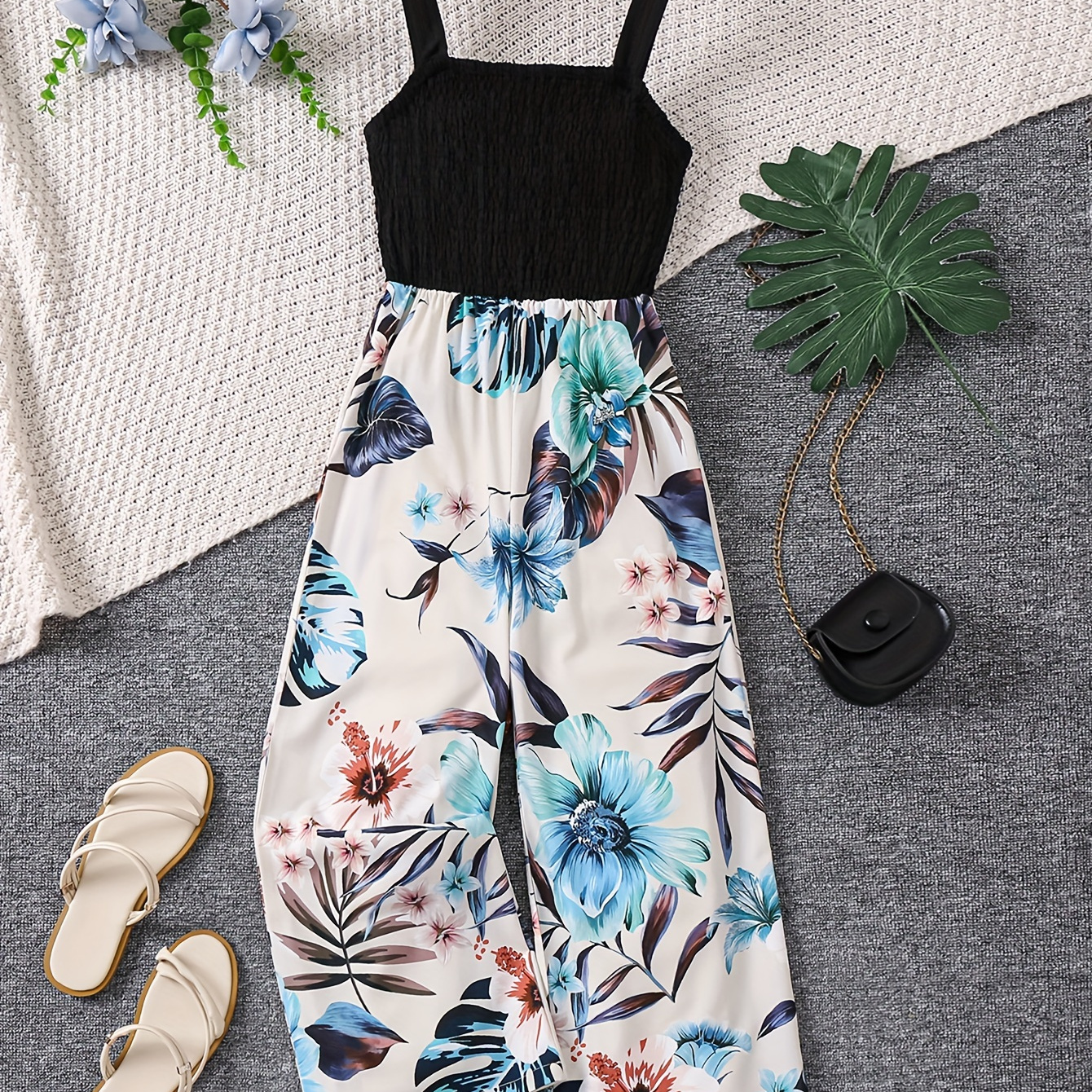 

Elegant Girls Splicing Flower & Plants Graphic Sleeveless Jumpsuit, Wide Leg Romper For Summer Holiday Vacation Gift, Fluid Pants