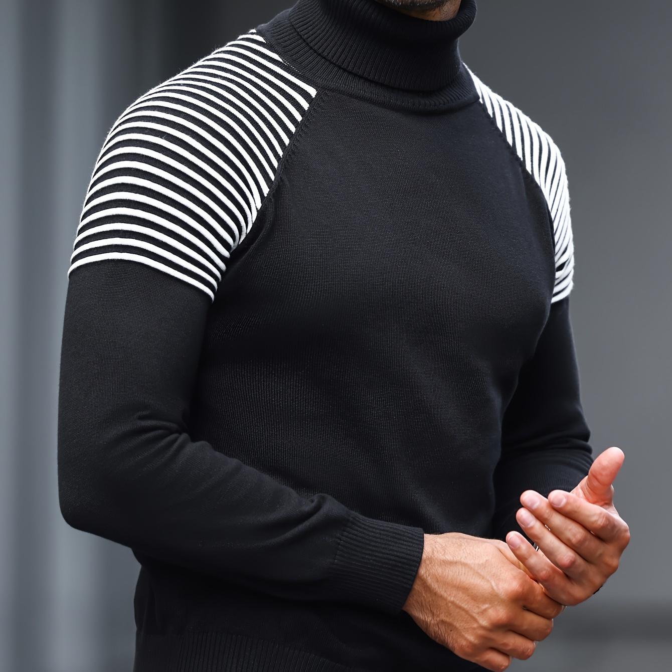 

Men's Casual Turtleneck Sweater - Striped, Long Sleeve Knit Pullover For Fall/winter, Machine Washable