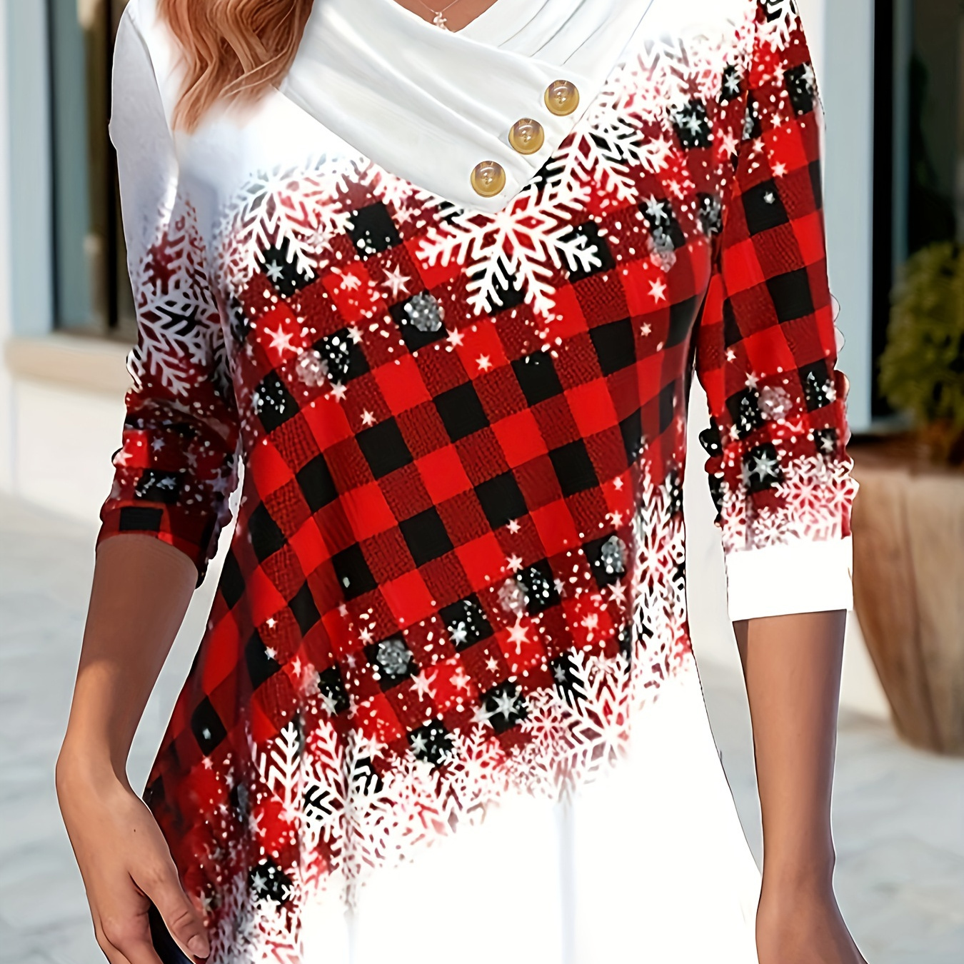 

Christmas Snowflake Print Button Decor T-shirt, Casual Long Sleeve Plaid Print T-shirt, Women's Clothing