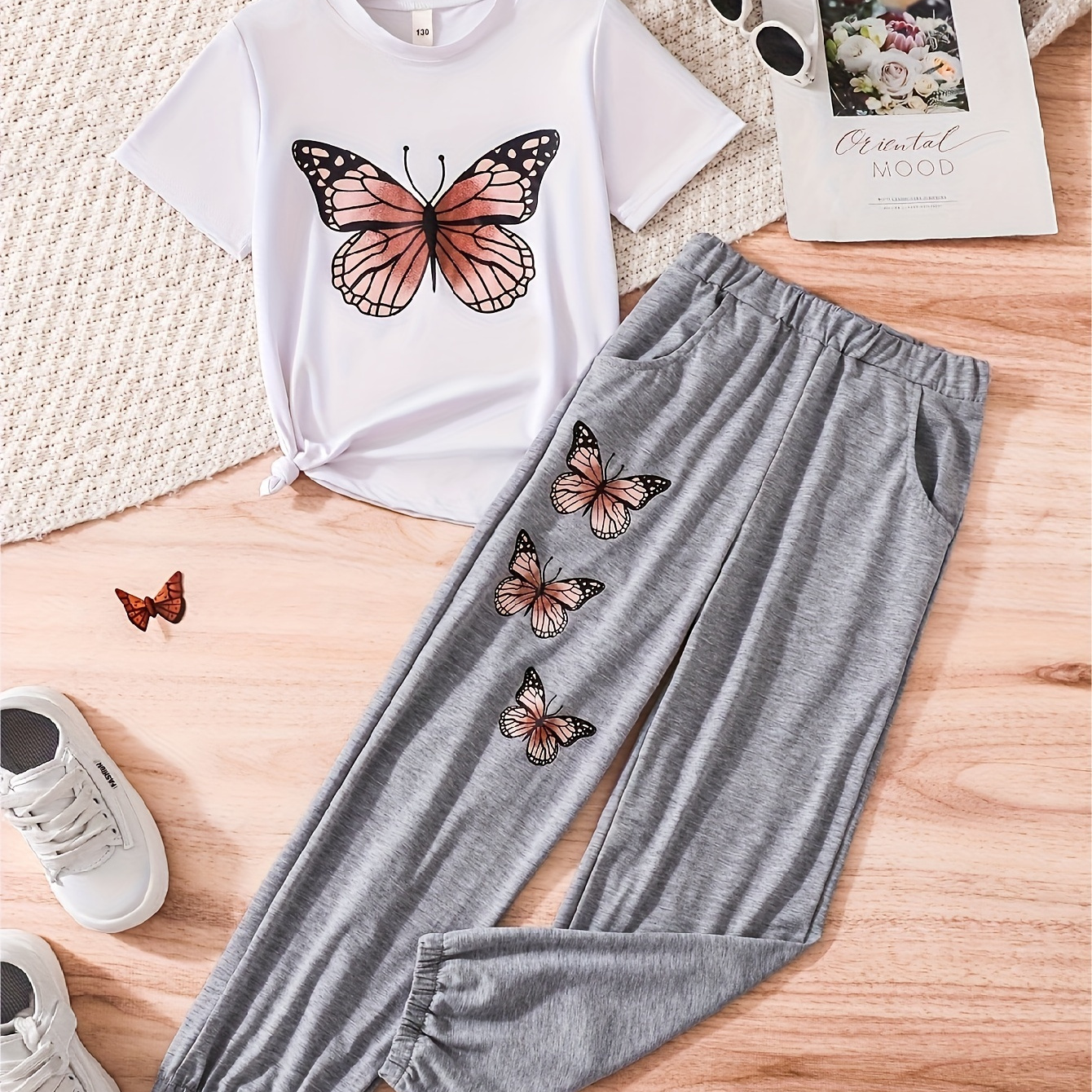 

Girl's 2pcs, Yellow Butterfly Graphic Tee + Sports Jogger Pants Set Trendy 2-piece Summer Outfit