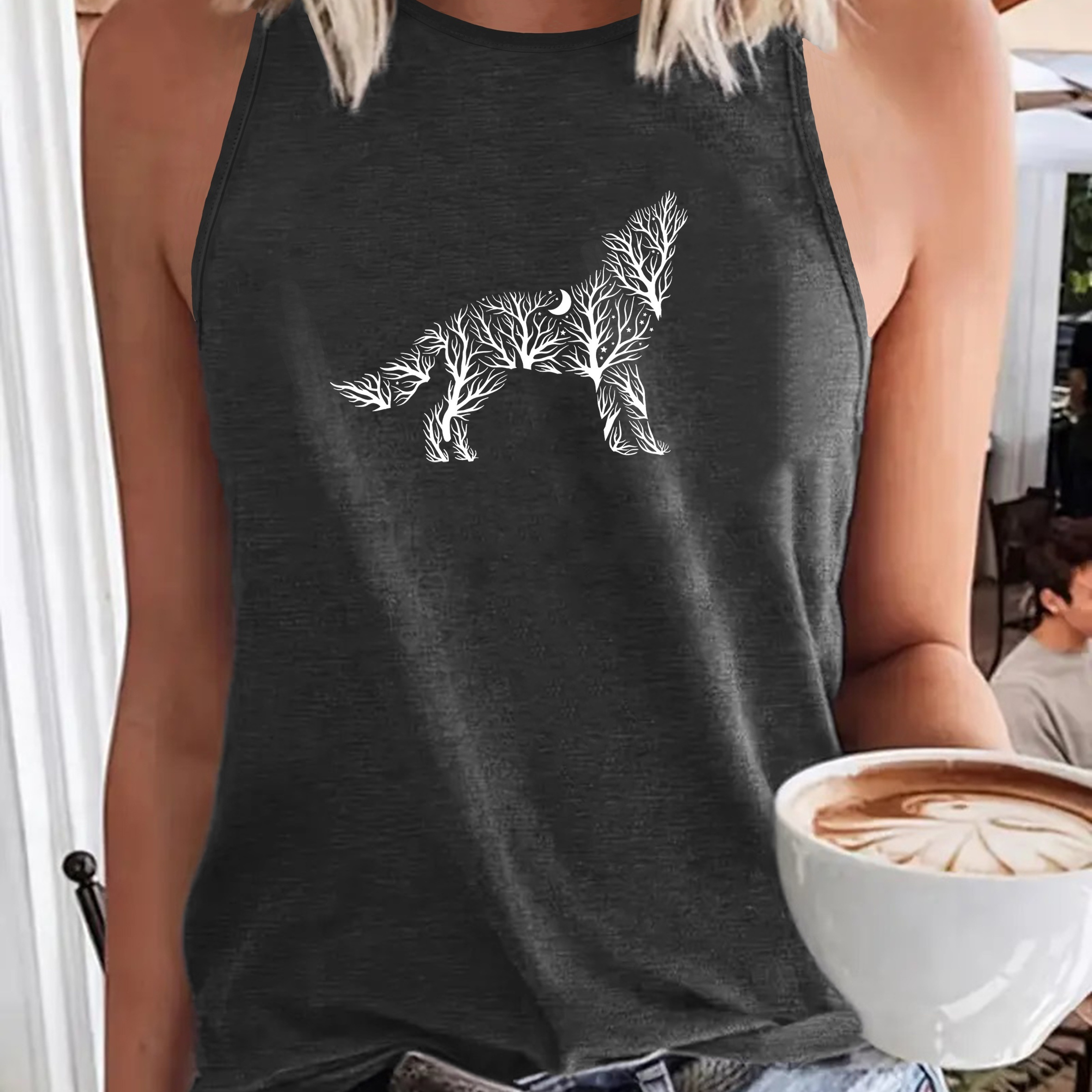 

Wolf Print Crew Neck Tank Top, Casual Sleeveless Tank Top For Summer, Women's Clothing