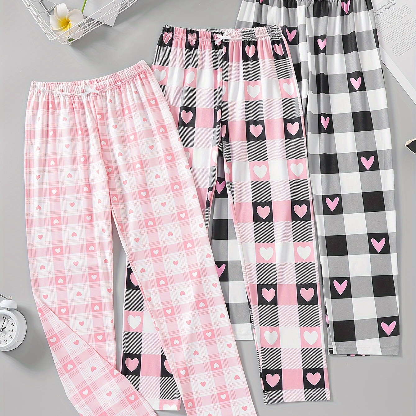 

3pcs Girls Sweet Plaid Hearts Allover Bow Front Elastic Pants, Kids Teens Spring/fall Clothing