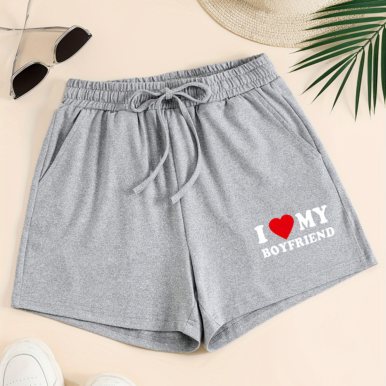 

I Love My Boyfriend Print Shorts With Pockets, Casual Drawstring Waist Shorts For Spring & Summer, Women's Clothing