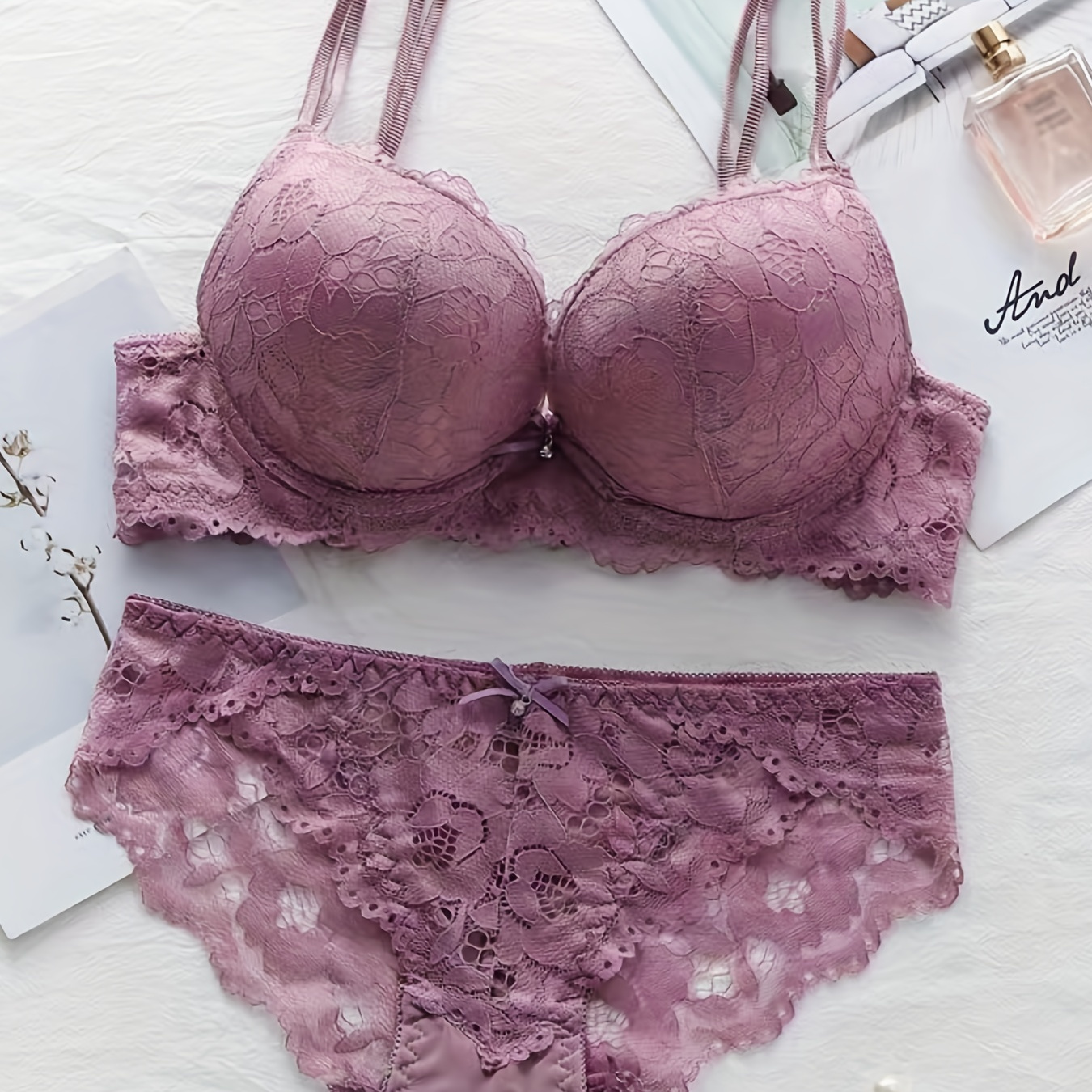 

Contrast Lace Bras & Panties, Double Straps Push Up Bras & Hollow Bikini Panties Lingerie Set, Women's Lingerie & Underwear