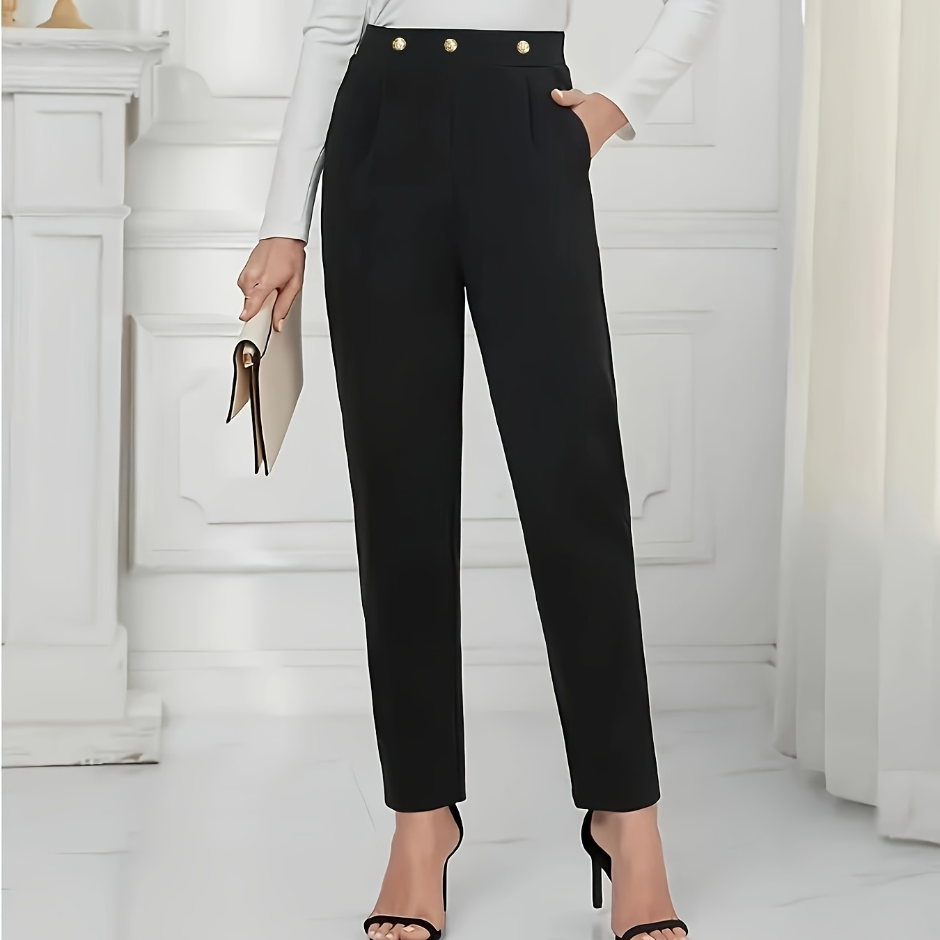 

Pantalon taille haute solide, pantalon élégant à jambes droites avec poches doubles pour le printemps et l'automne, vêtements pour femmes