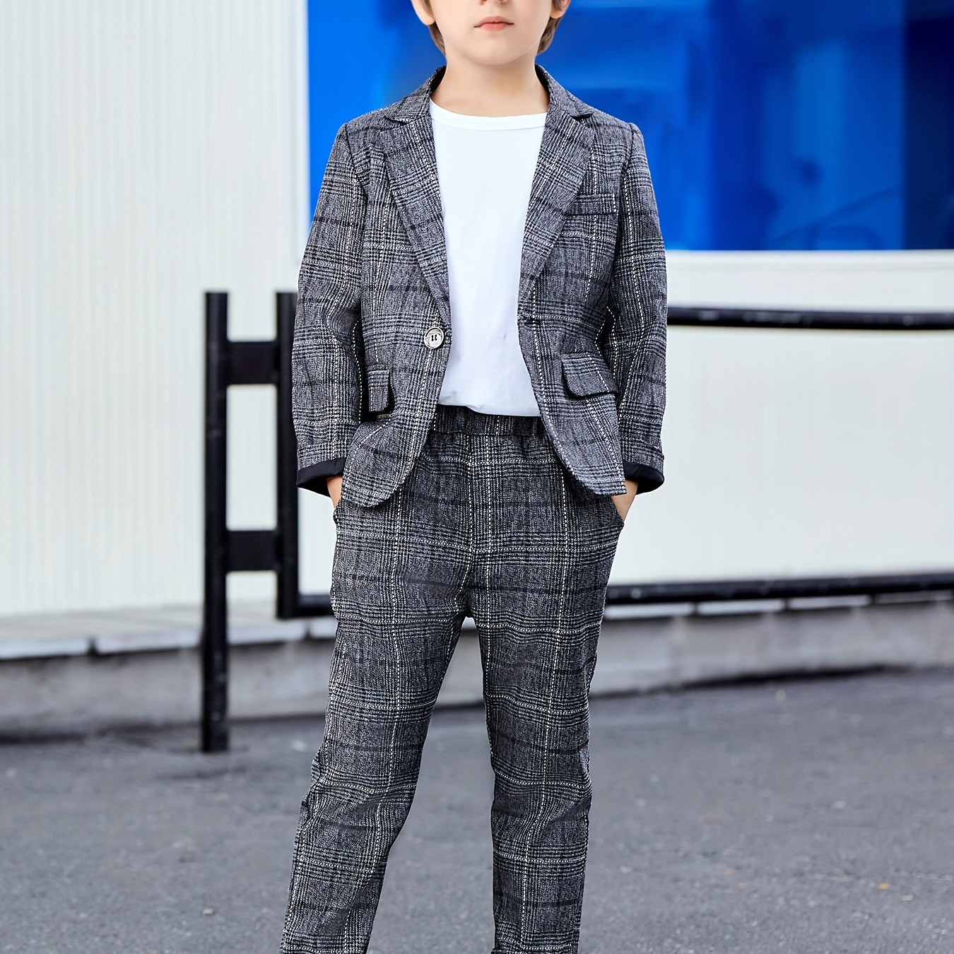 

Boys 2-piece Suit Set, Casual Plaid Blazer And Pants For Boys, Host Performance Attire, Stylish Wedding And Event Outfit For Spring/autumn