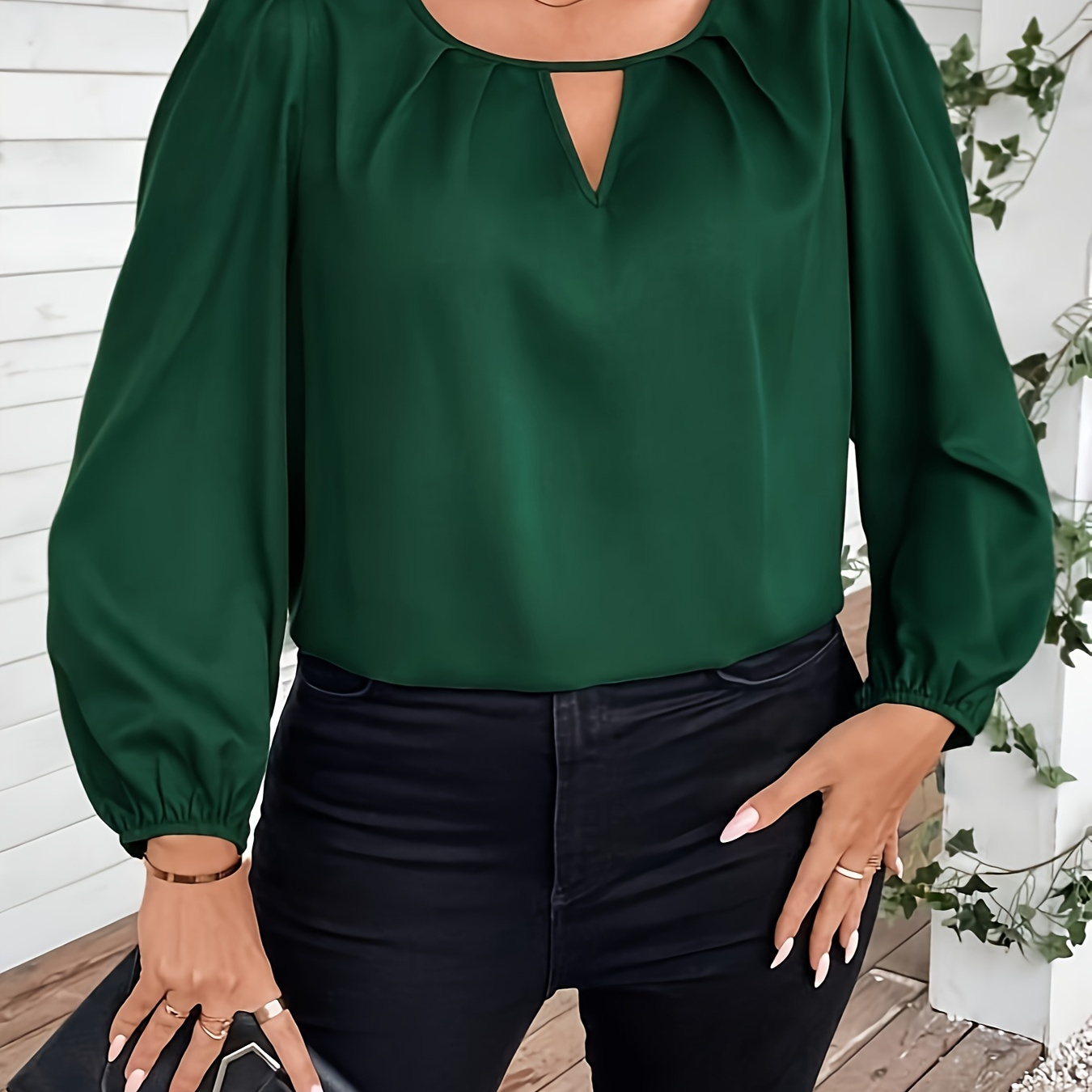 

Size Keyhole Neckline Blouse - Polyester & Elastane , Comfort Breathable, Fashion Long Sleeve, Loose Fit Pullover Top With Hollow Detail, All Season Solid Color Woven Shirt