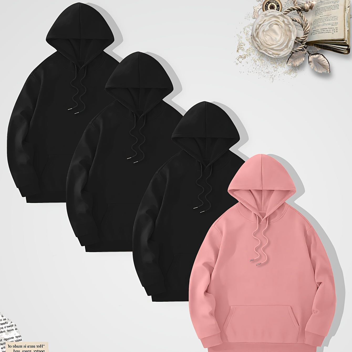 

4pcs Plus Fleece Men's Warm Solid Hooded Sweatshirt With Drawstring And Kangaroo Pocket, Men's Pullover Tops For Fall Winter