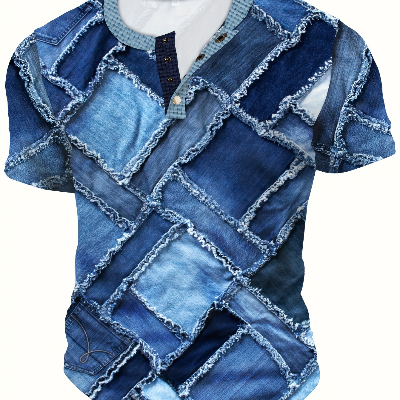 

T-shirt Henley à manches courtes en denim numérique 3D pour hommes, patchwork à motifs graphiques, haut décontracté et tendance pour les loisirs d'été en plein air.