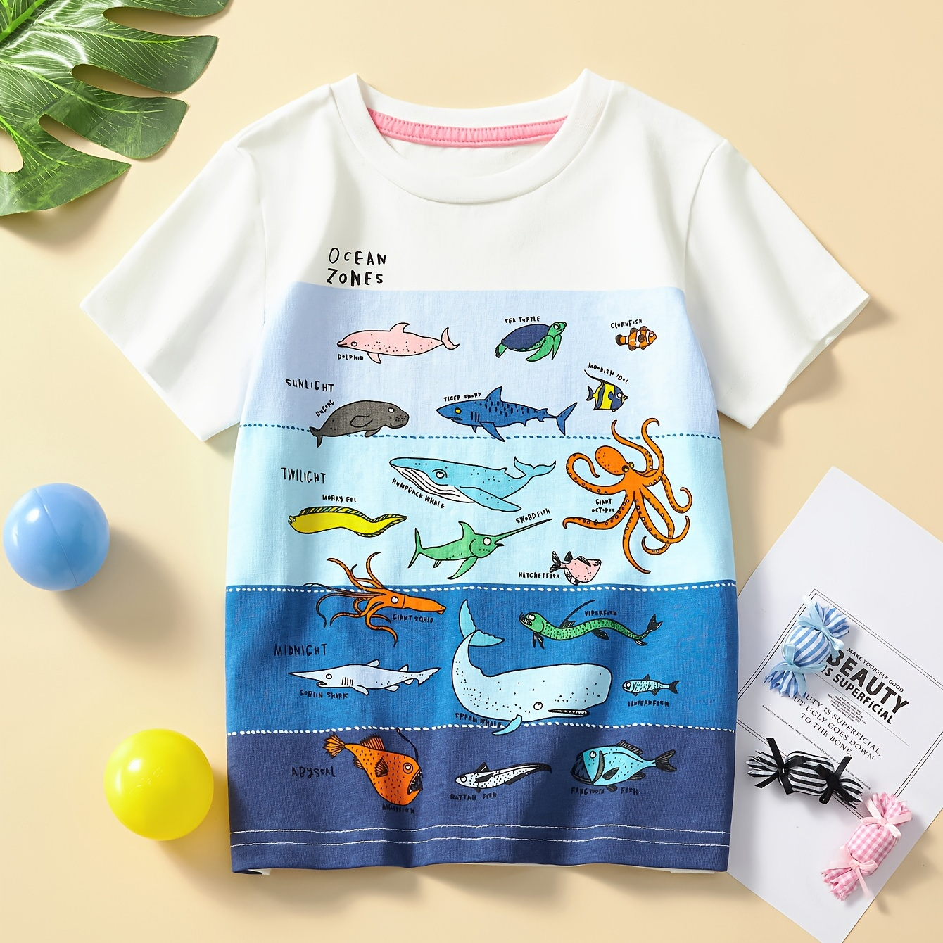 

Marine Fish Graphic Cotton Tee For Girls, Short Sleeve Casual T-shirt For Holiday Daily, Summer Gift