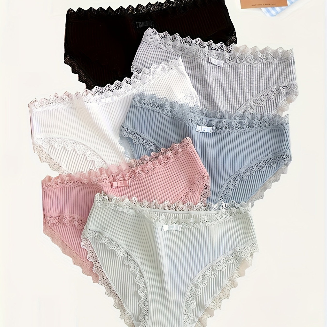 

6 Pack Of Cotton College Style Knit Tri-shorts With Lace Trim For Girls, Available In Pink, Blue, White, And Grey