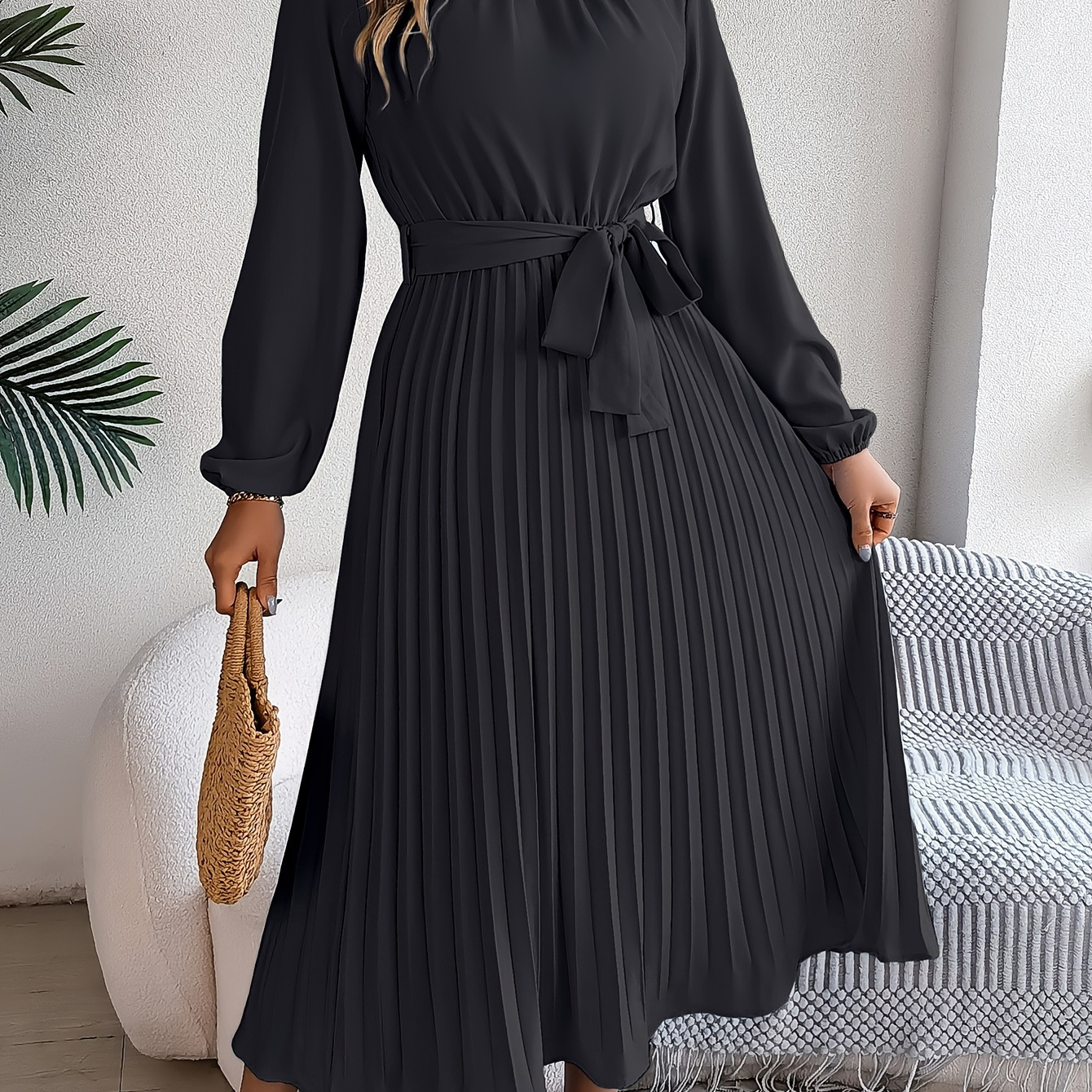 

Plain Color Mock Neck Pleated Dress, Elegant Long Sleeve Tie Waist A-line Midi Dress For Spring & Fall, Women's Clothing