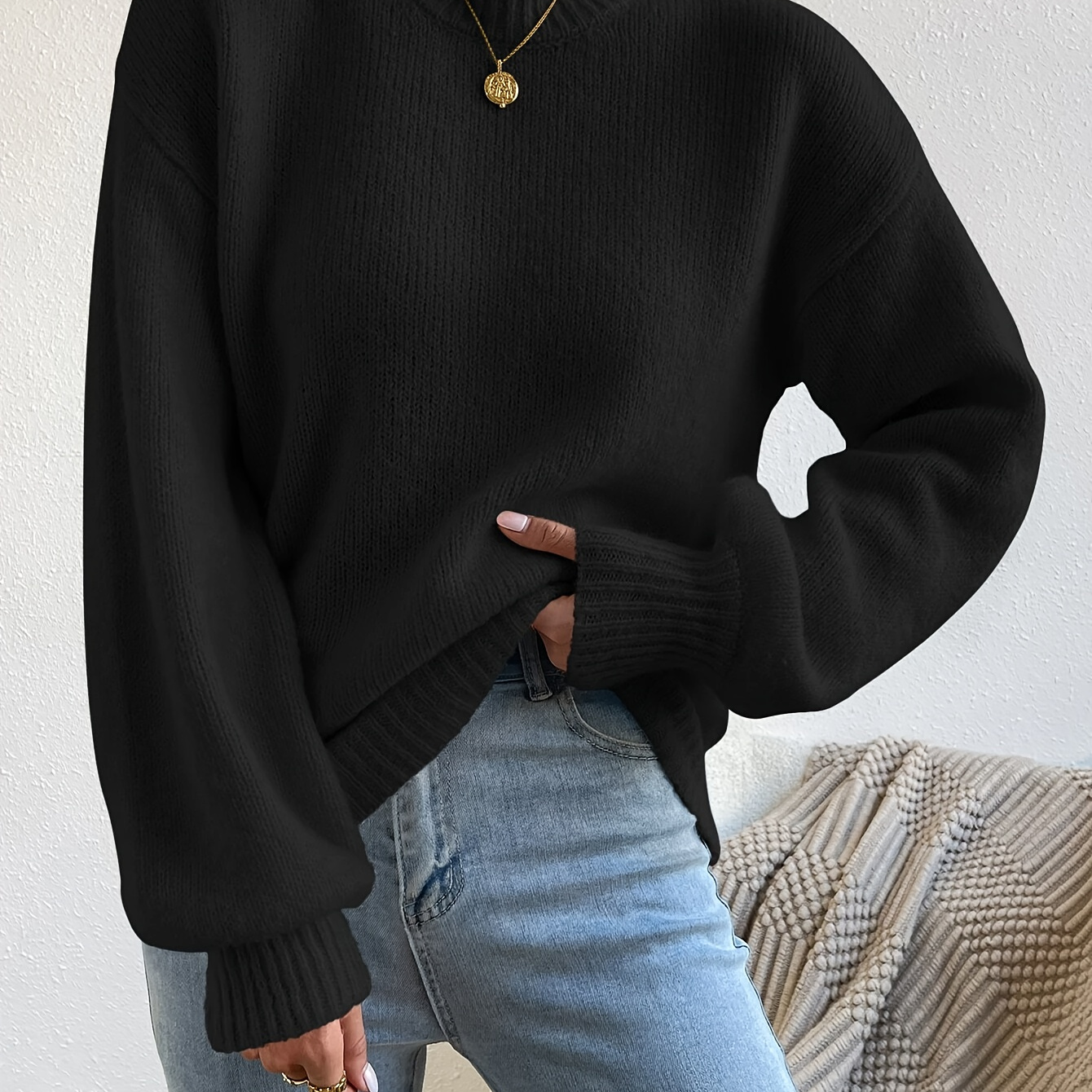 

Women's Casual Black Acrylic Sweater - French Stand Collar, Drop Shoulder Design, Long Sleeves, Ribbed Detail, Machine Washable For Fall/winter, Cozy Sweater| Look|highelasticity Fabric