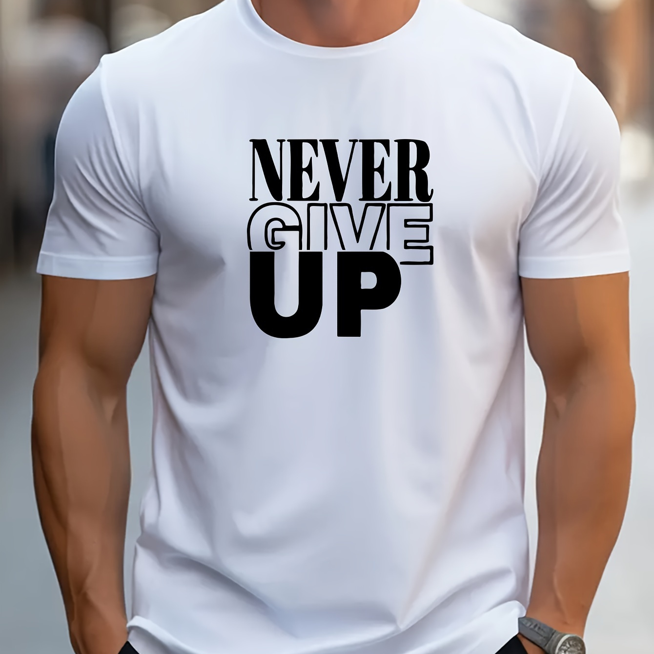 

Never Give Up Print Men's Short Sleeve T-shirts, Comfy Casual Elastic Crew Neck Tops For Men's Outdoor Activities