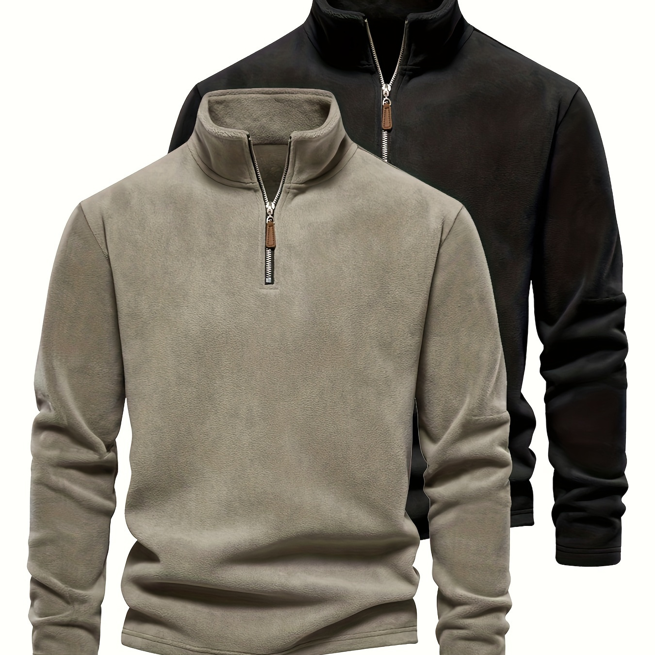 

Men's Fleece-lined Sweatshirt Set - Casual Stand Collar, Half Zip Long Sleeve Tops In Black & Khaki