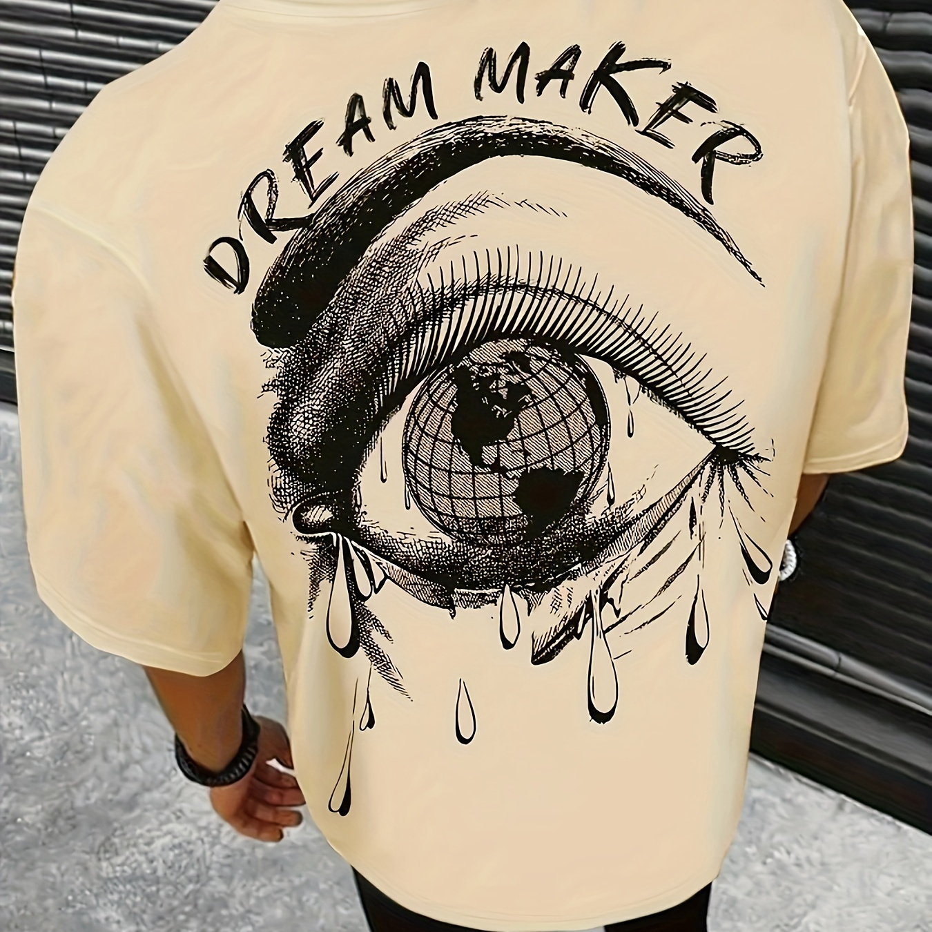 

Crying Eye Pattern And Letter Print "dream Maker" Crew Neck And Short Sleeve T-shirt, Chic And Trendy Tops For Men's Summer Street Wear