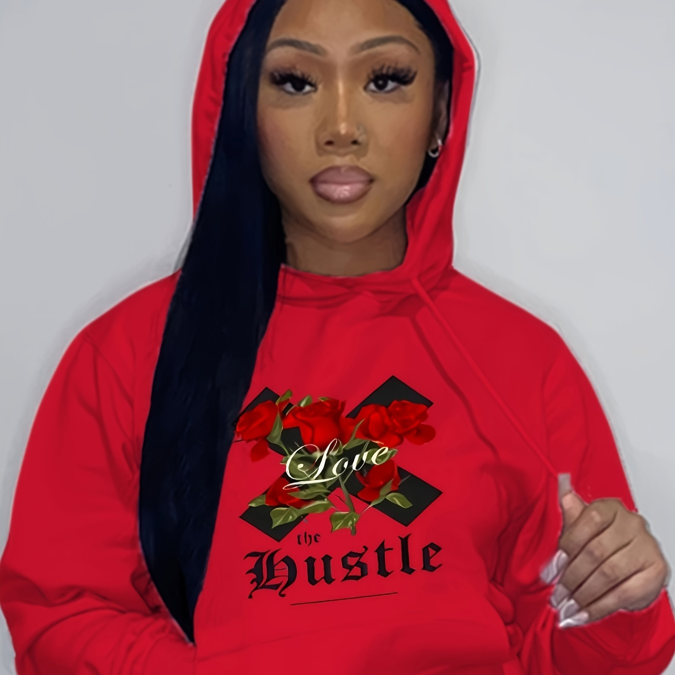 

Rose & Letter Print Kangaroo Pocket Hoodie, Casual Long Sleeve Drawstring Hoodie Sweatshirt, Women's Clothing