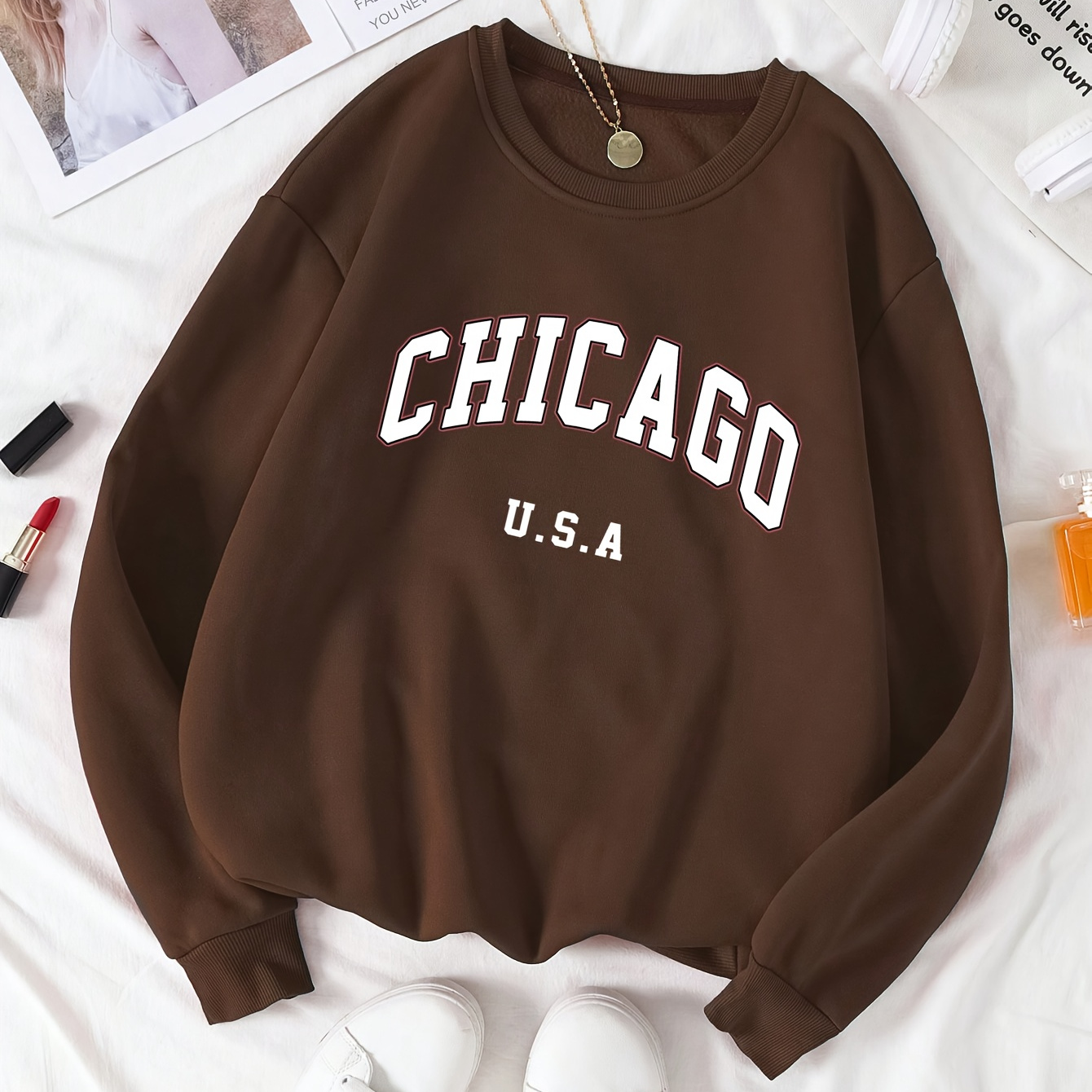 

Sweat-shirt décontracté à col rond imprimé lettre de Chicago, haut actif à manches longues, haut à enfiler épais doublé en peluche pour l'automne et l'hiver, vêtements pour femmes