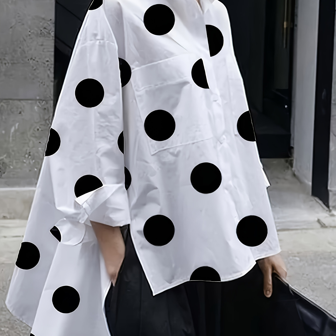 

Women's Casual Polka Dot Long Sleeve Shirt With High-low Hem And Side Slit, Relaxed Fit Blouse