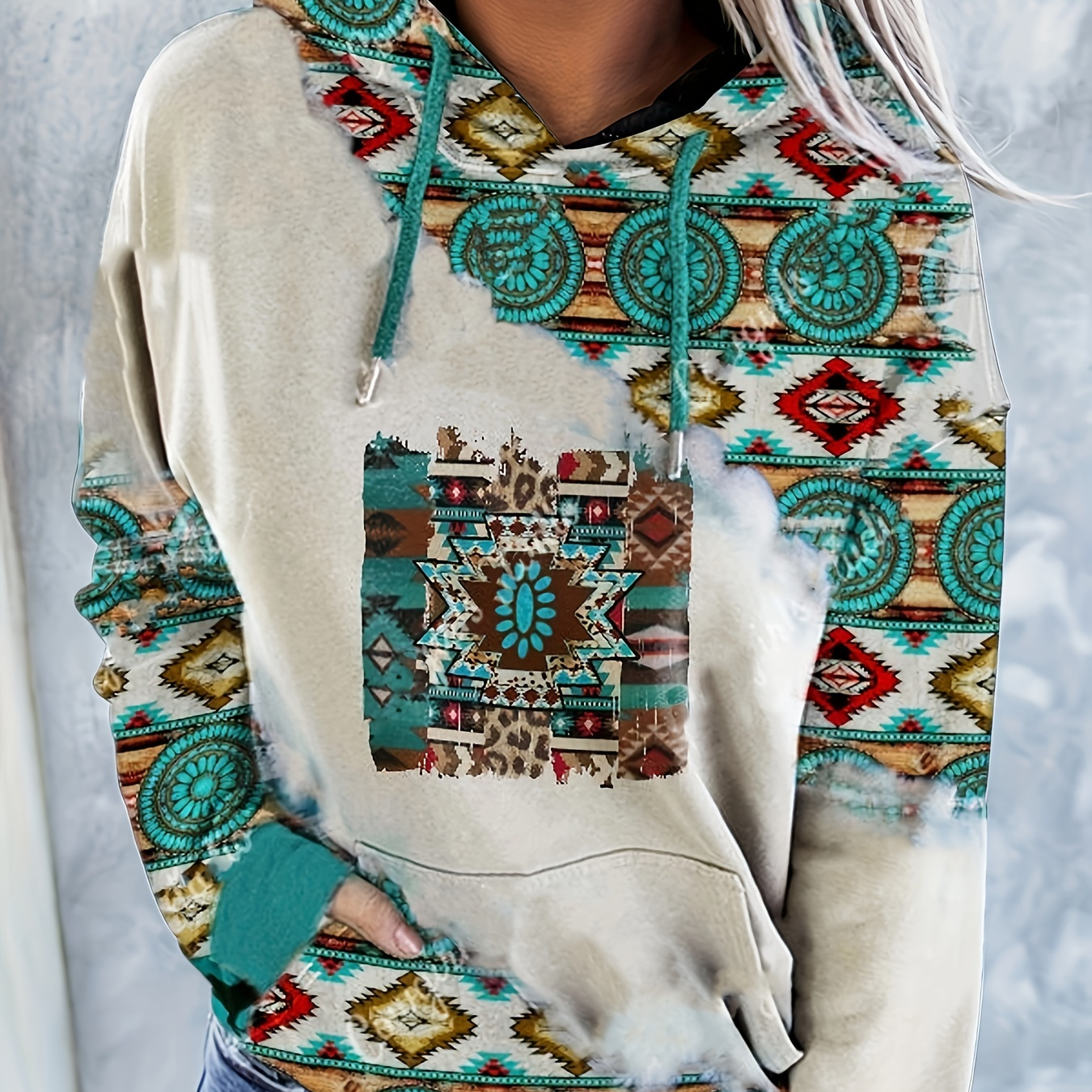 

Western Ethnic Print Kangaroo Pocket Hoodie, Casual Long Sleeve Drawstring Hoodies Sweatshirt, Women's Clothing