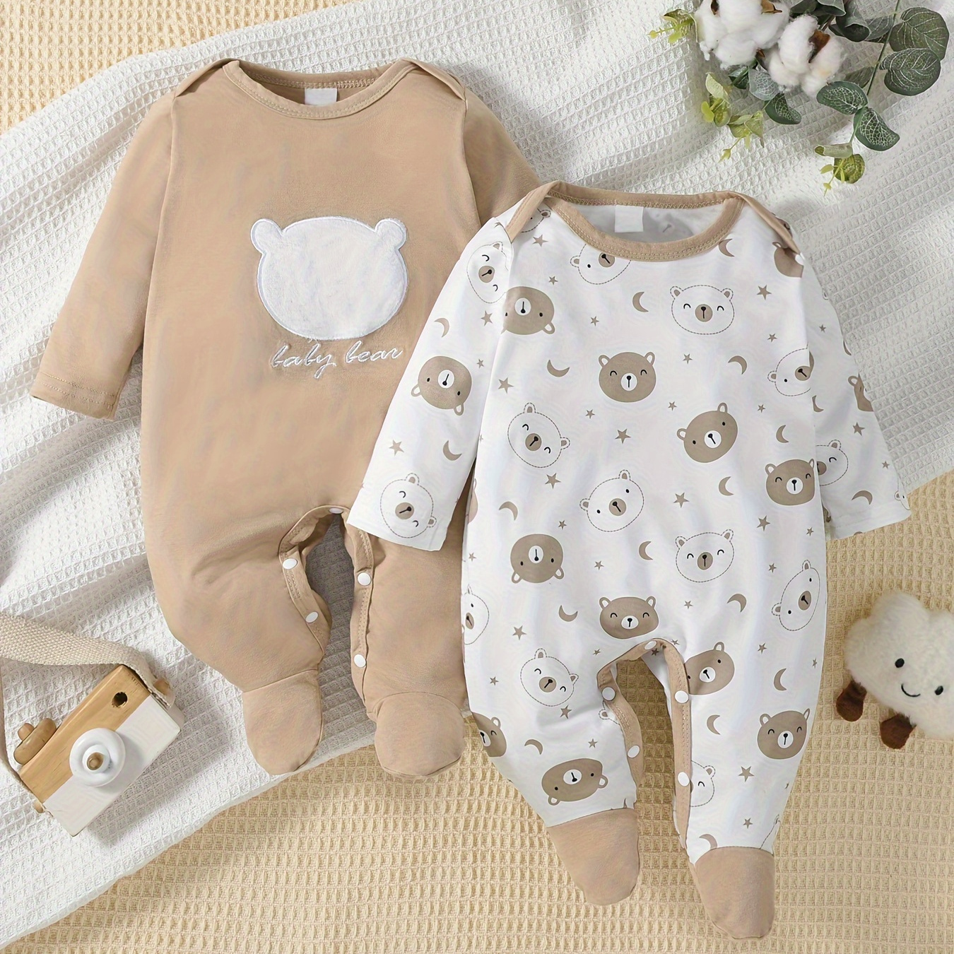 

2pcs 's Bear , , Long Sleeve, Snap , , Infant Bodysuits