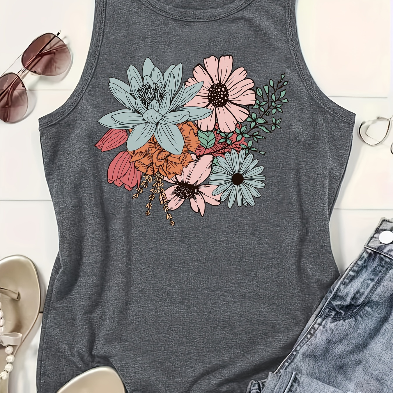 

Plus Size Floral Print Tank Top, Casual Crew Neck Sleeveless Tank Top For Summer, Women's Plus Size clothing