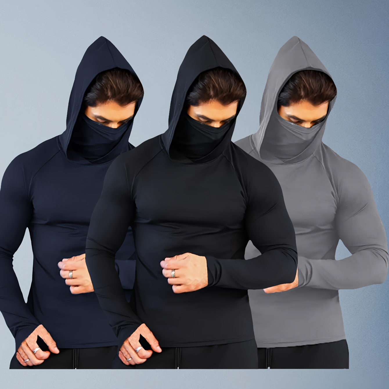 

Guangguangzi 3pcs Chemise à capuche coupe-vent et séchage rapide pour hommes avec masque facial - vêtements de sport de compression légers et élastiques, adaptés aux activités de , à et au fitness