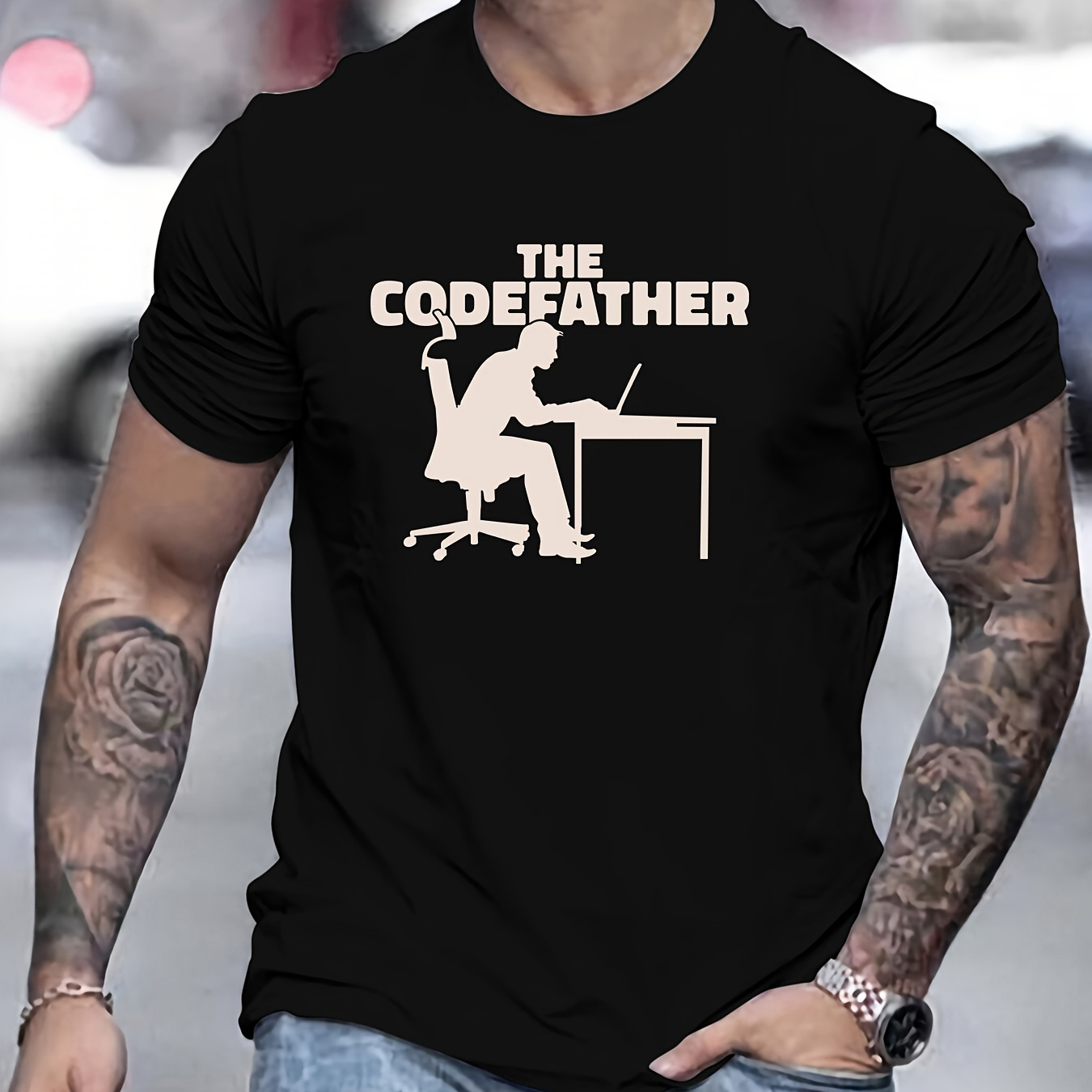 

The Codefather And Programmer Graphic Print, Men's Comfy Cotton T-shirt, Casual Fit Tee, Cool Top Clothing For Men For Summer For Everyday Activities