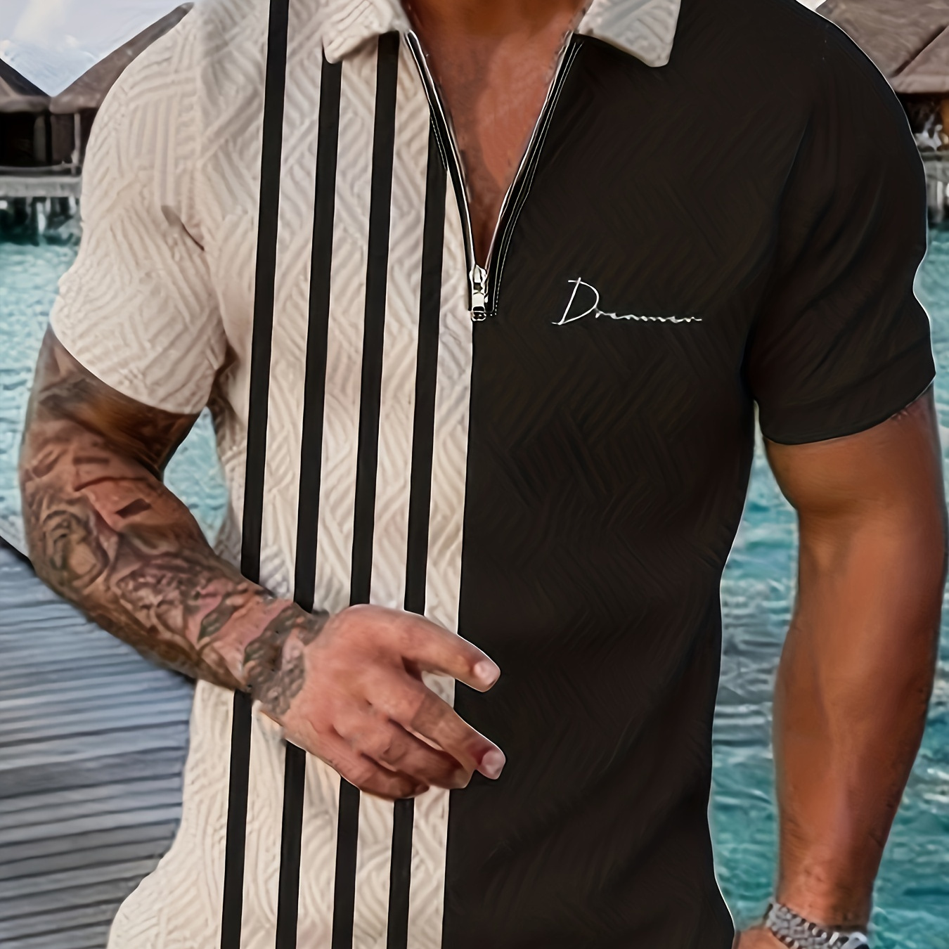 

Trendy Stripe Pattern Print Men's Casual Short Sleeves Zip Up Graphic Lapel Shirts, Lapel Collar Tops Pullovers, Men's Clothing For Summer