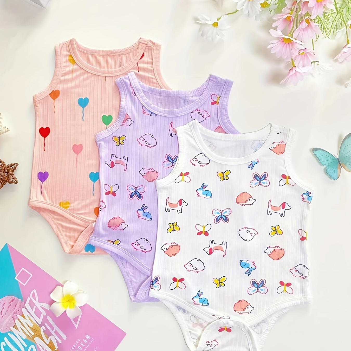 

Baby Girl 3-piece Suit, Spring And Summer New Cute Cartoon Print Comfy & Soft Triangle Romper 3 Colors Available