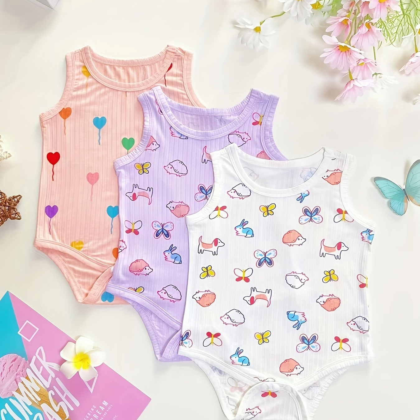 

Ensemble 3 pièces pour bébé fille, nouvelle combinaison mignonne et confortable avec imprimé cartoon pour le printemps et l'été, disponible en 3 couleurs