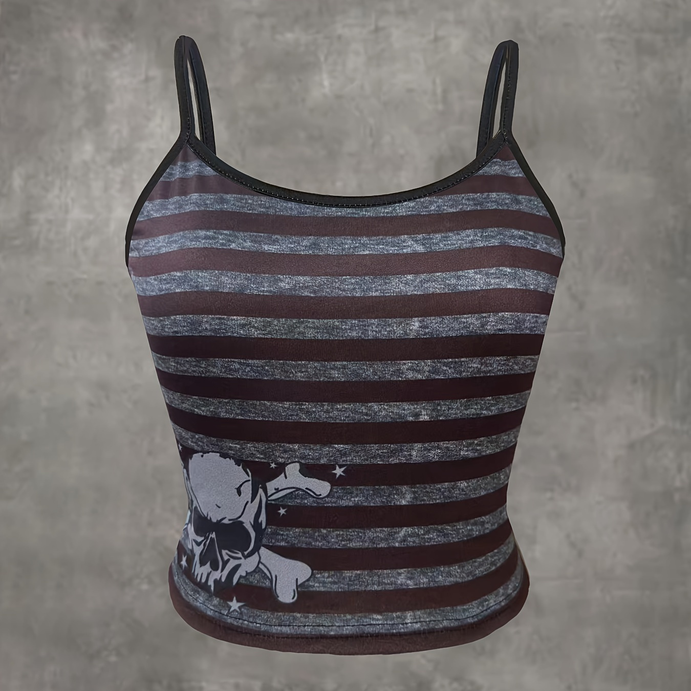 

Grunge Punk Skull Striped Print Cami Crop Top, Y2k Spaghetti Strap Backless Top, Women's Clothing