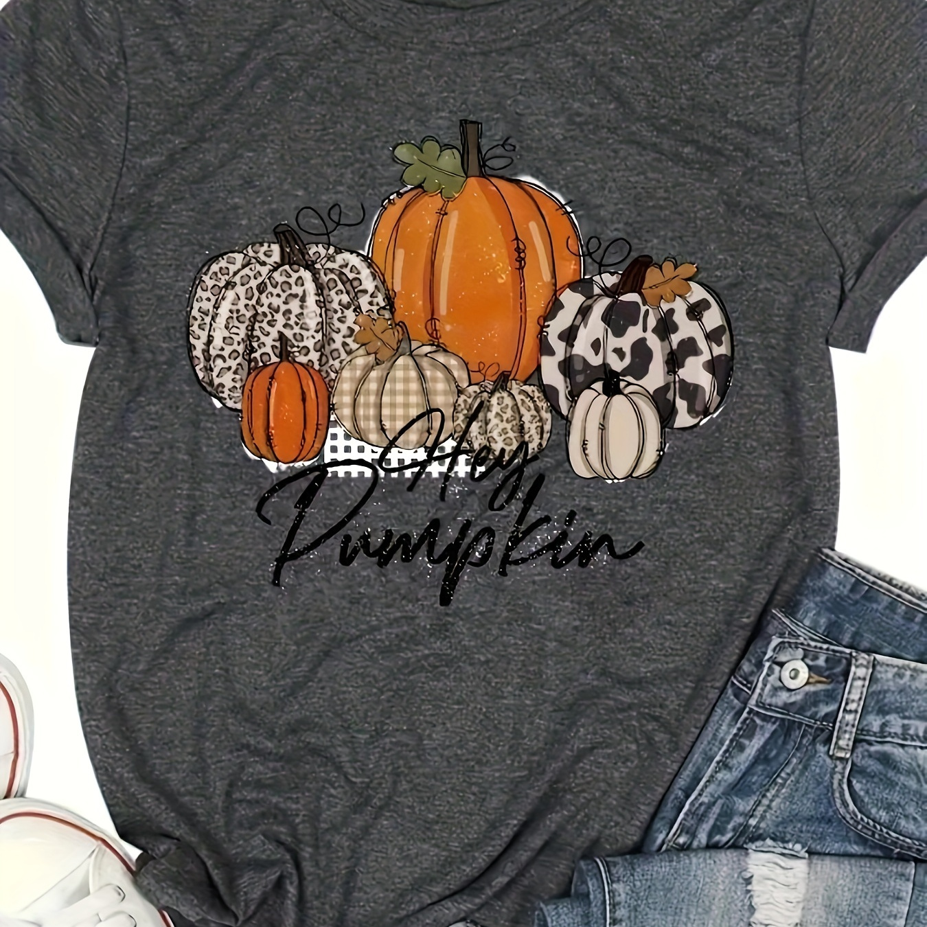 

Pumpkin Print T-shirt, Short Sleeve Crew Neck Casual Top For Summer & Spring, Women's Clothing