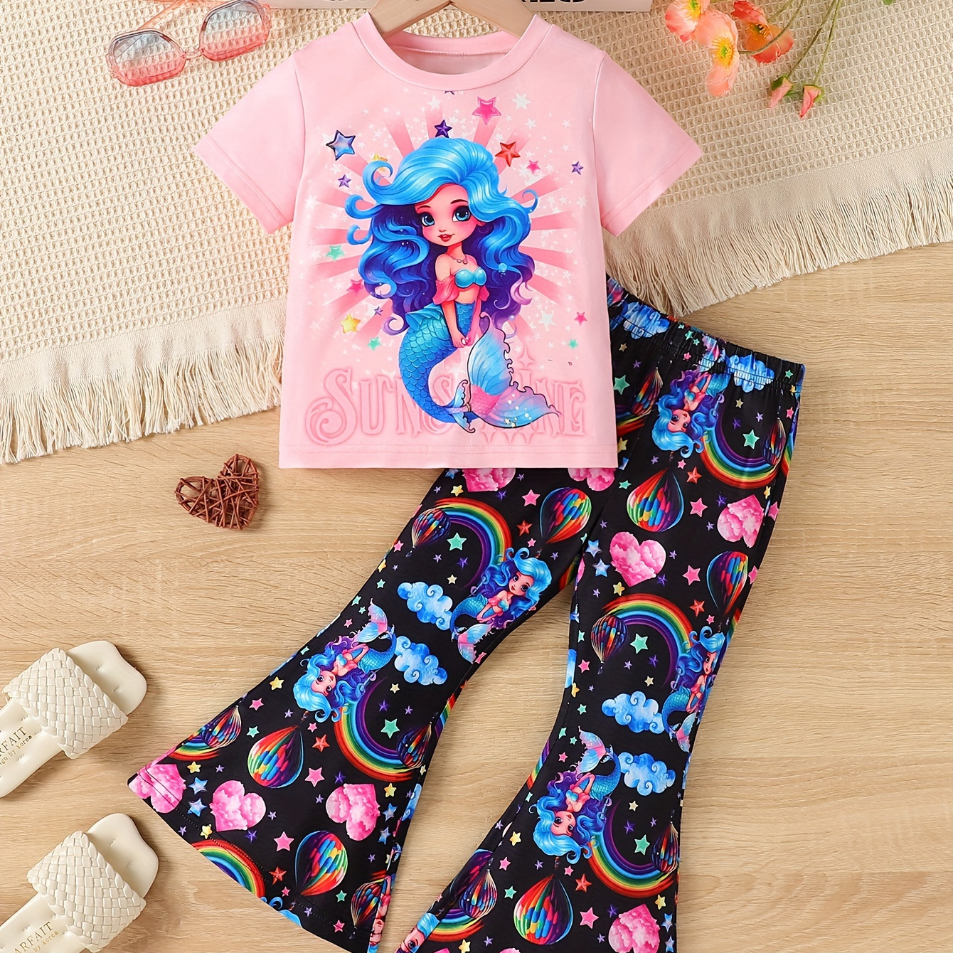 

2pcs, 3d Cartoon Mermaid & Rainbow & Heart Print Outfits, Short Sleeve T-shirt Top + Flare Pants Set For Girls Summer Gift