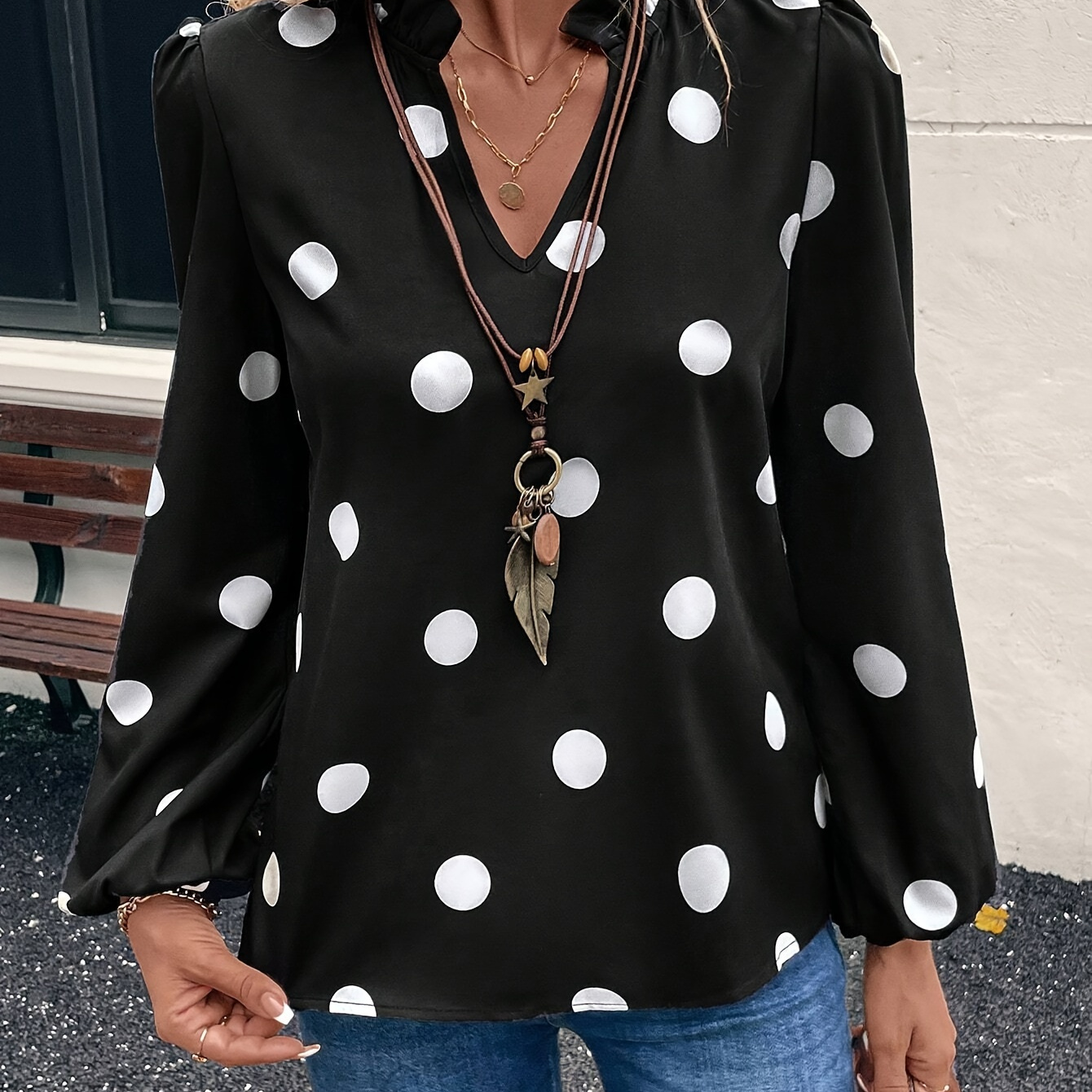 

Elegant V-neck Polka Dot Blouse With Lantern Sleeves, 100% Polyester Spring/summer/fall Top, Detail Regular Fit Woven Shirt For Women