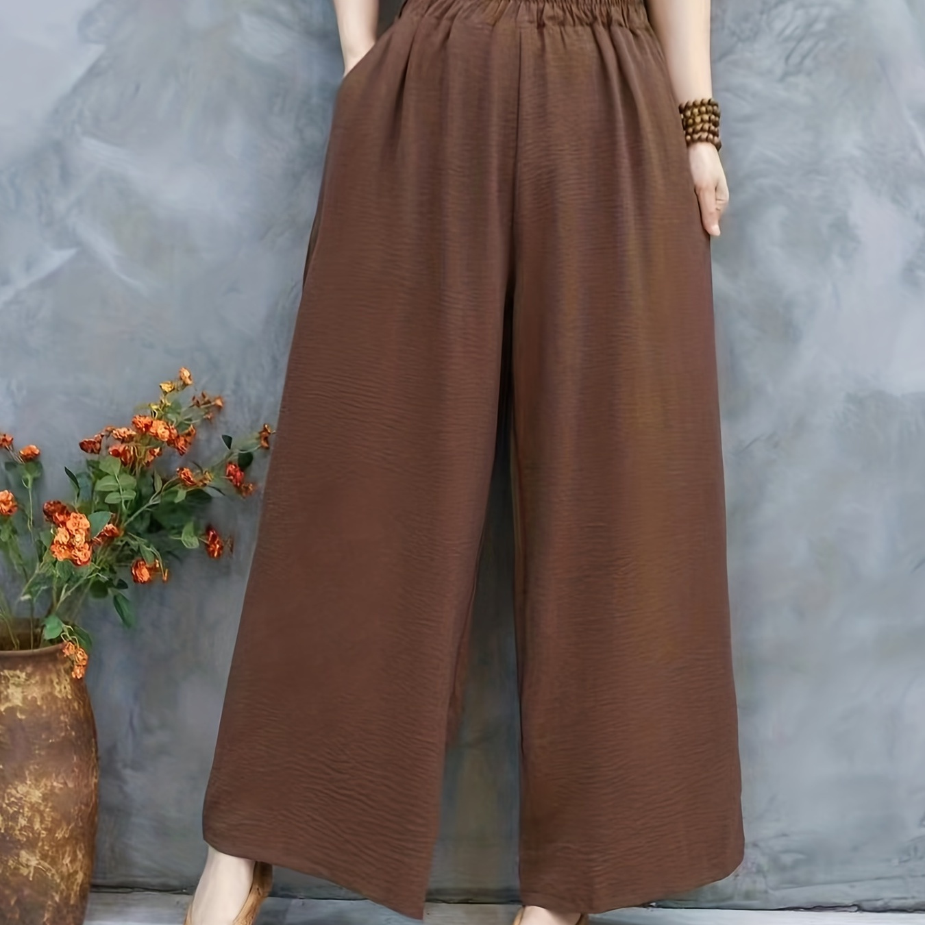 Solid Wide Leg Pants Casual Elastic Waist Long Length Pants Womens