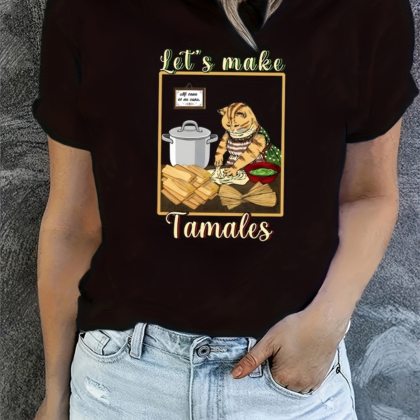 

Make Tamales Cat Print T-shirt, Short Sleeve Crew Neck Casual Top For Summer & Spring, Women's Clothing