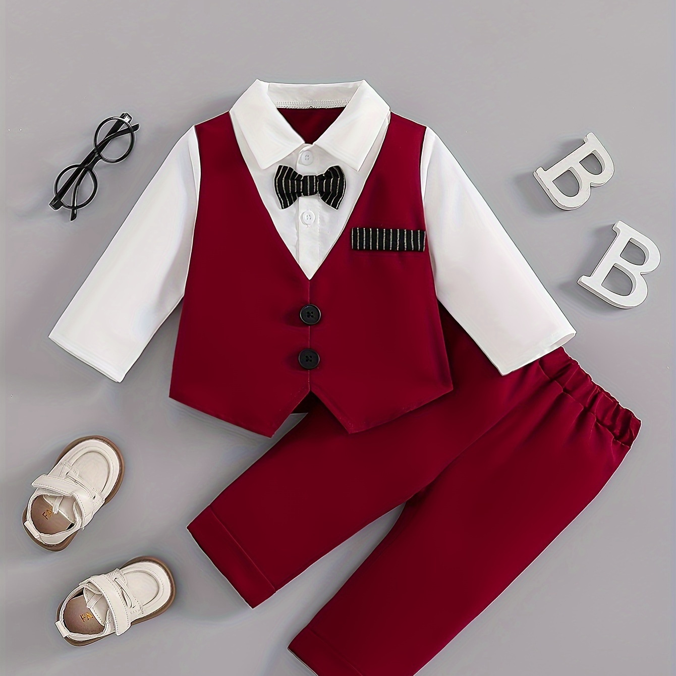 

Infant Boys' Spring/autumn Outfit Set, Gentleman Baptism Suit, Long Sleeve Top & Trousers, Casual Polyester, Non-stretch, Color Block, Button Detail, Loose Fit, Woven, Polyester