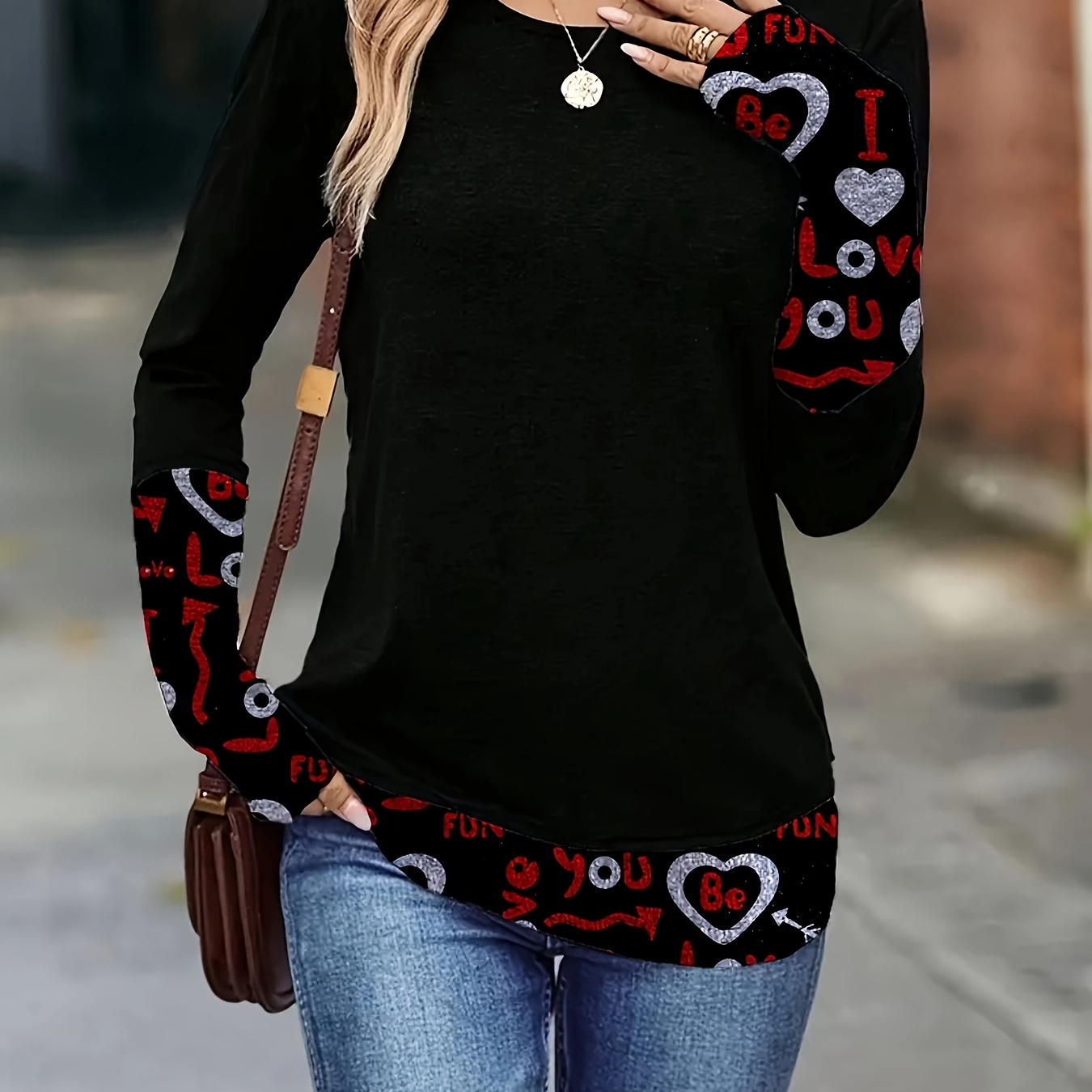 

Chic Women's Long Sleeve T-shirt With Heart & "i Love You" Print - Elegant Black With Red Accents, Soft Polyester , Spring/fall,