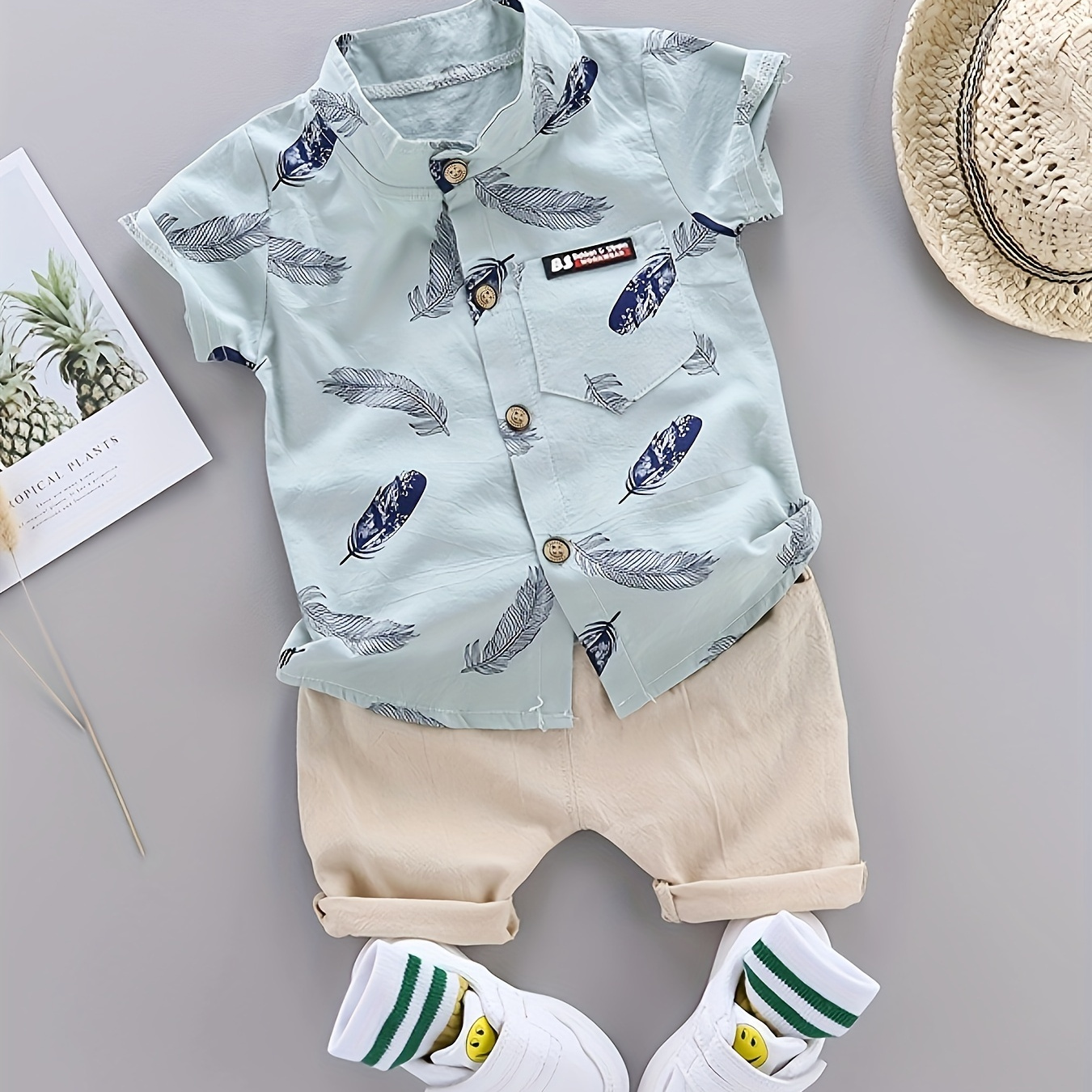

2pcs Baby Boys Casual Feather Pattern Short Sleeve Shirt & Shorts Set Clothes