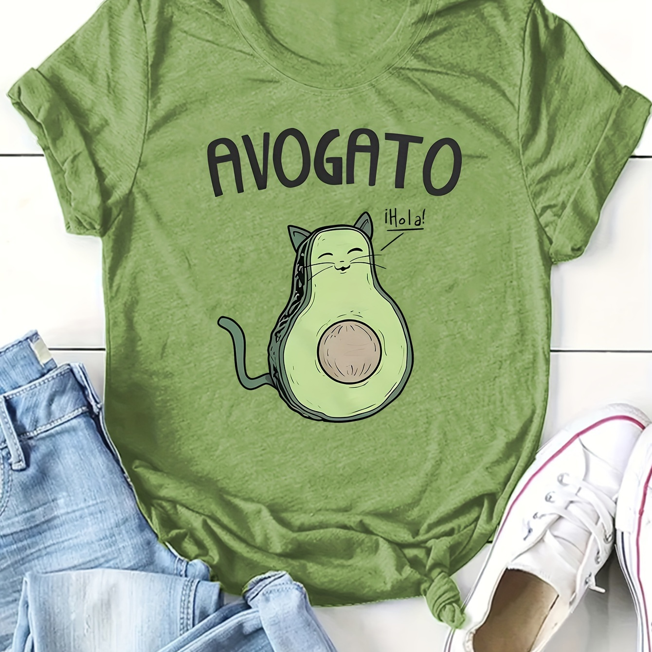 

Avocado Cat Graphic Tee For Women - Casual Crew Neck Short Sleeve Top, Breathable Polyester Blend, Machine Washable - Summer Fashion