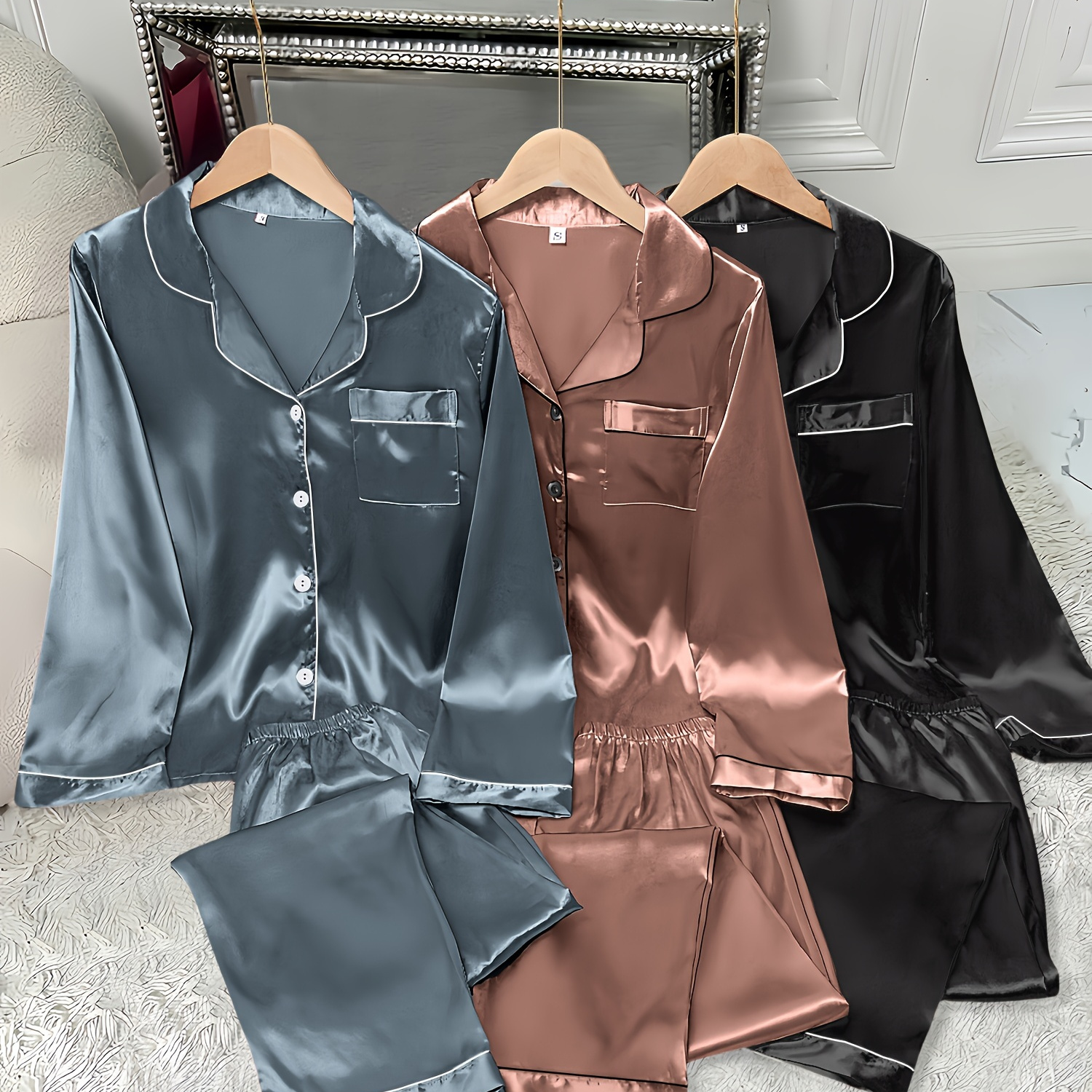 

3pcs Women's Satin Pajama Set - Casual Solid Color Long Sleeve Shirt & Waist Pants, Lapel Collar, Button Detail, Woven Polyester, Fall/winter Sleepwear